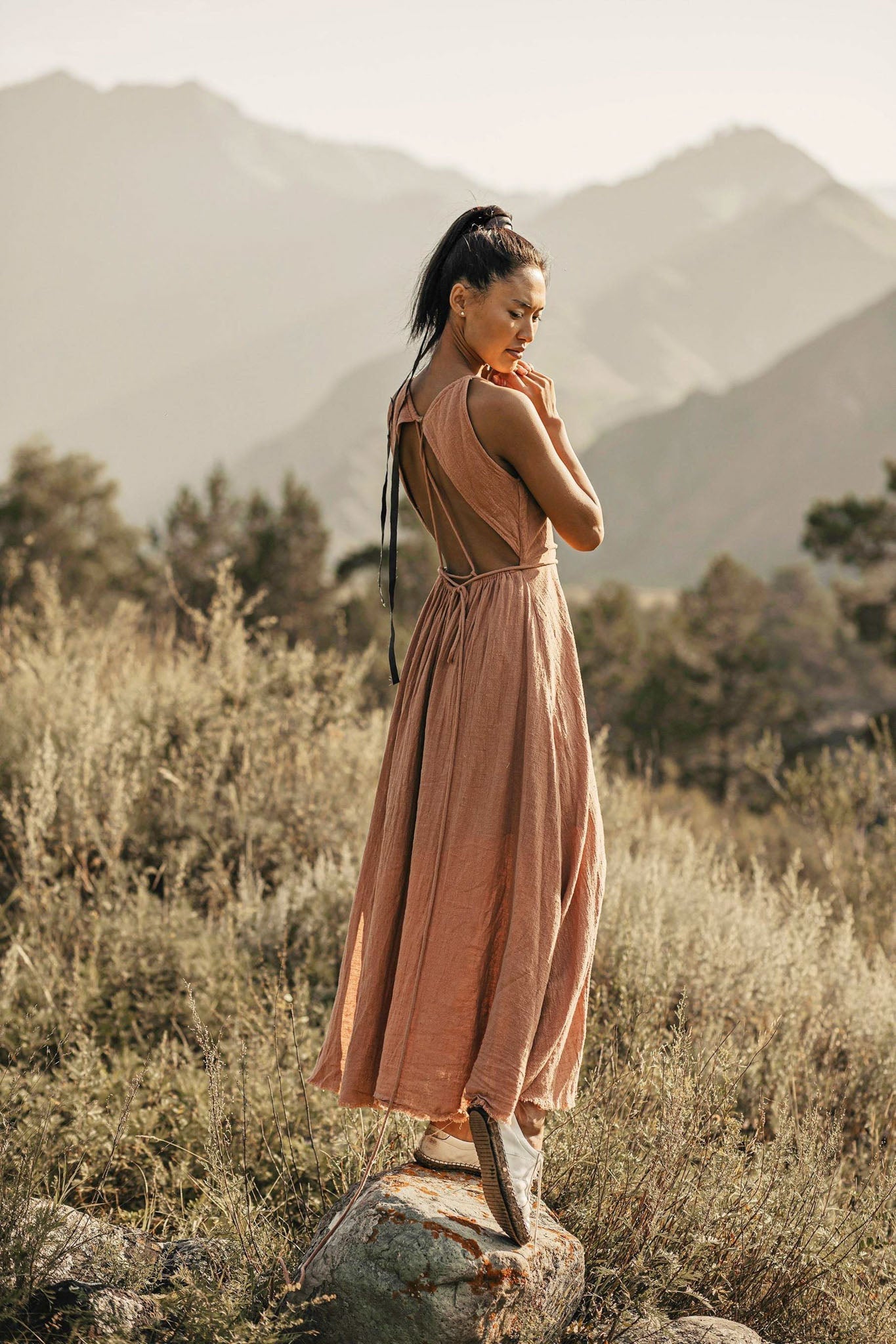 Dusty Pink Boho Bridesmaid Dress • Open Back Elegant Dress - AYA SW IDR