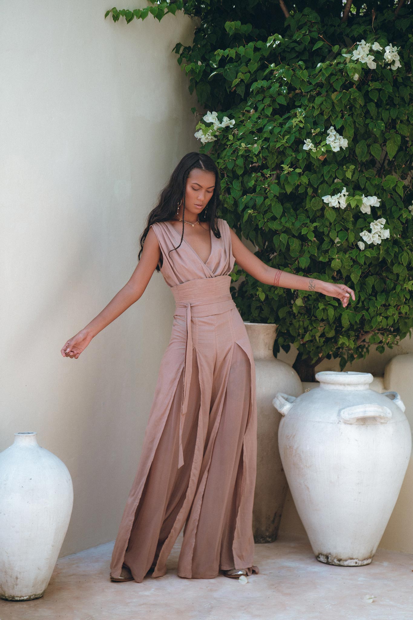 Dusty Pink Braided Overalls • Boho Silk with Cotton Maxi Jumpsuit Women - AYA SW IDR