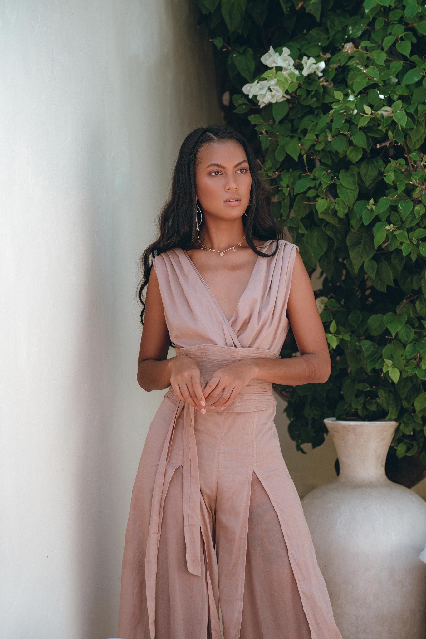 Dusty Pink Braided Overalls • Boho Silk with Cotton Maxi Jumpsuit Women - AYA SW IDR