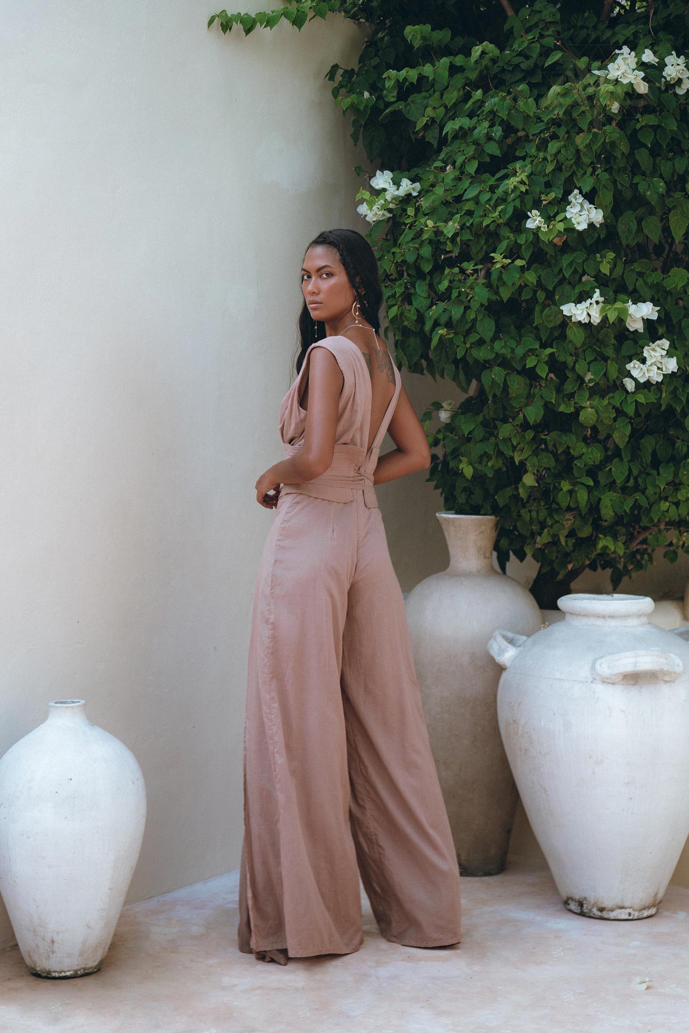 Dusty Pink Braided Overalls • Boho Silk with Cotton Maxi Jumpsuit Women - AYA SW IDR