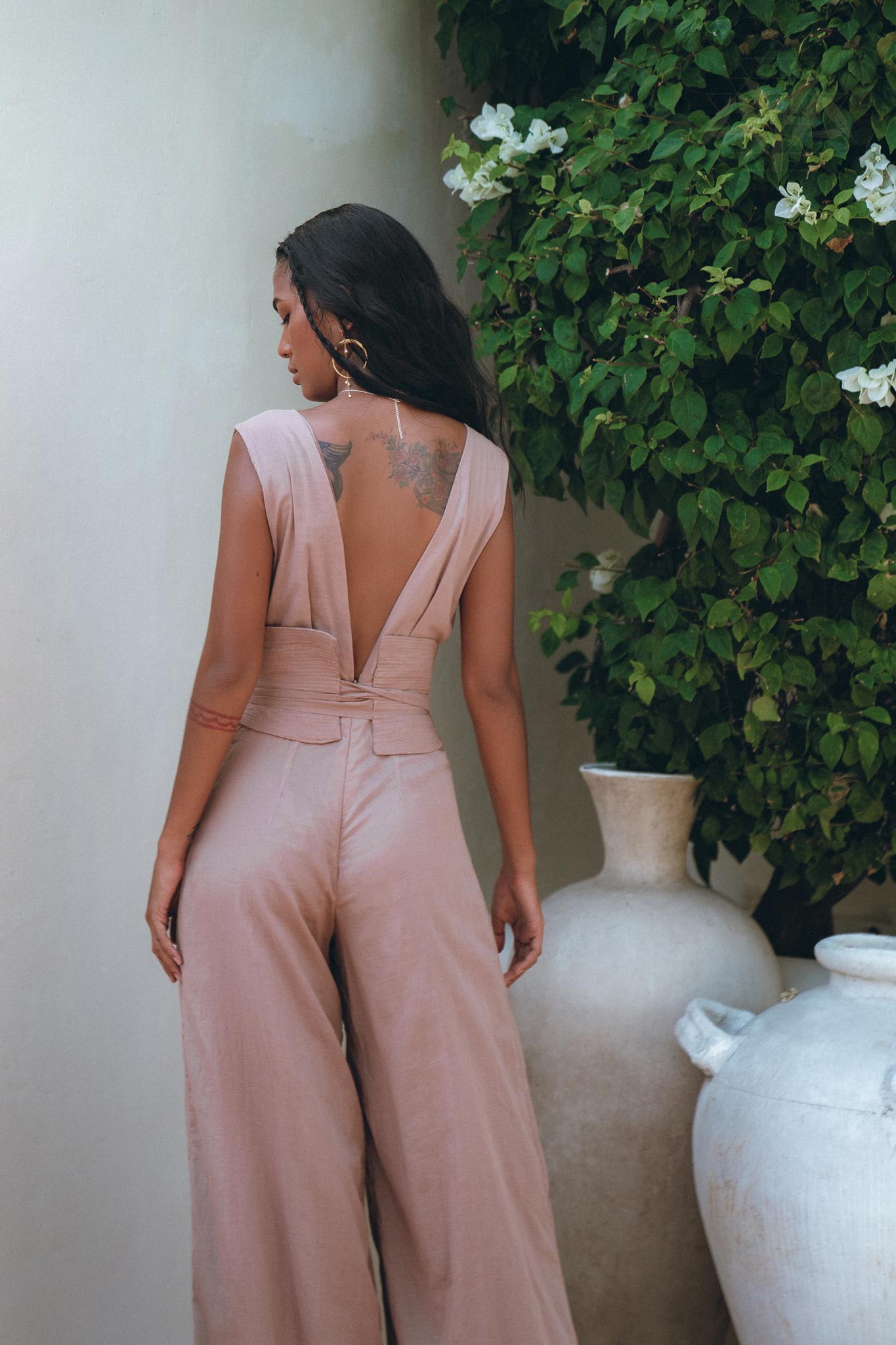 Dusty Pink Braided Overalls • Boho Silk with Cotton Maxi Jumpsuit Women - AYA SW IDR