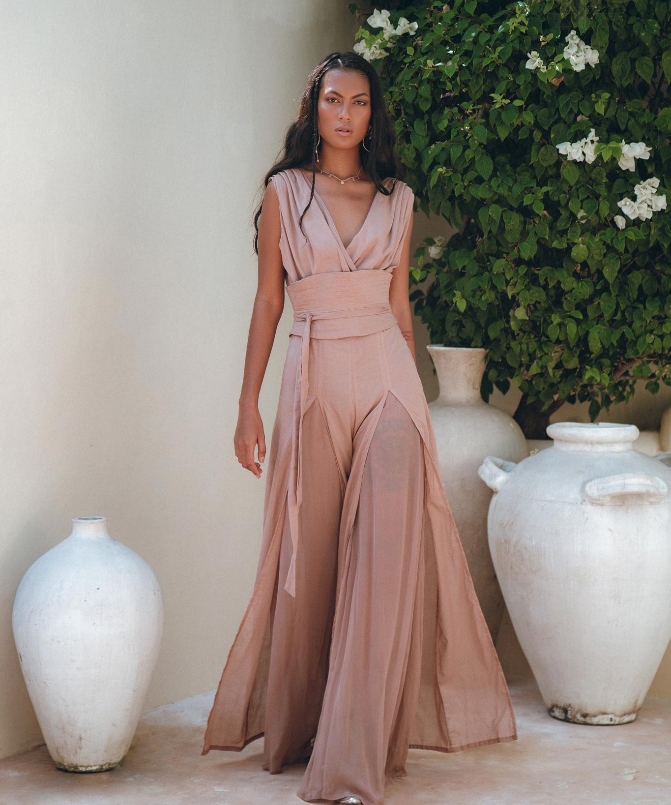 Dusty Pink Braided Overalls • Boho Silk with Cotton Maxi Jumpsuit Women - AYA SW IDR