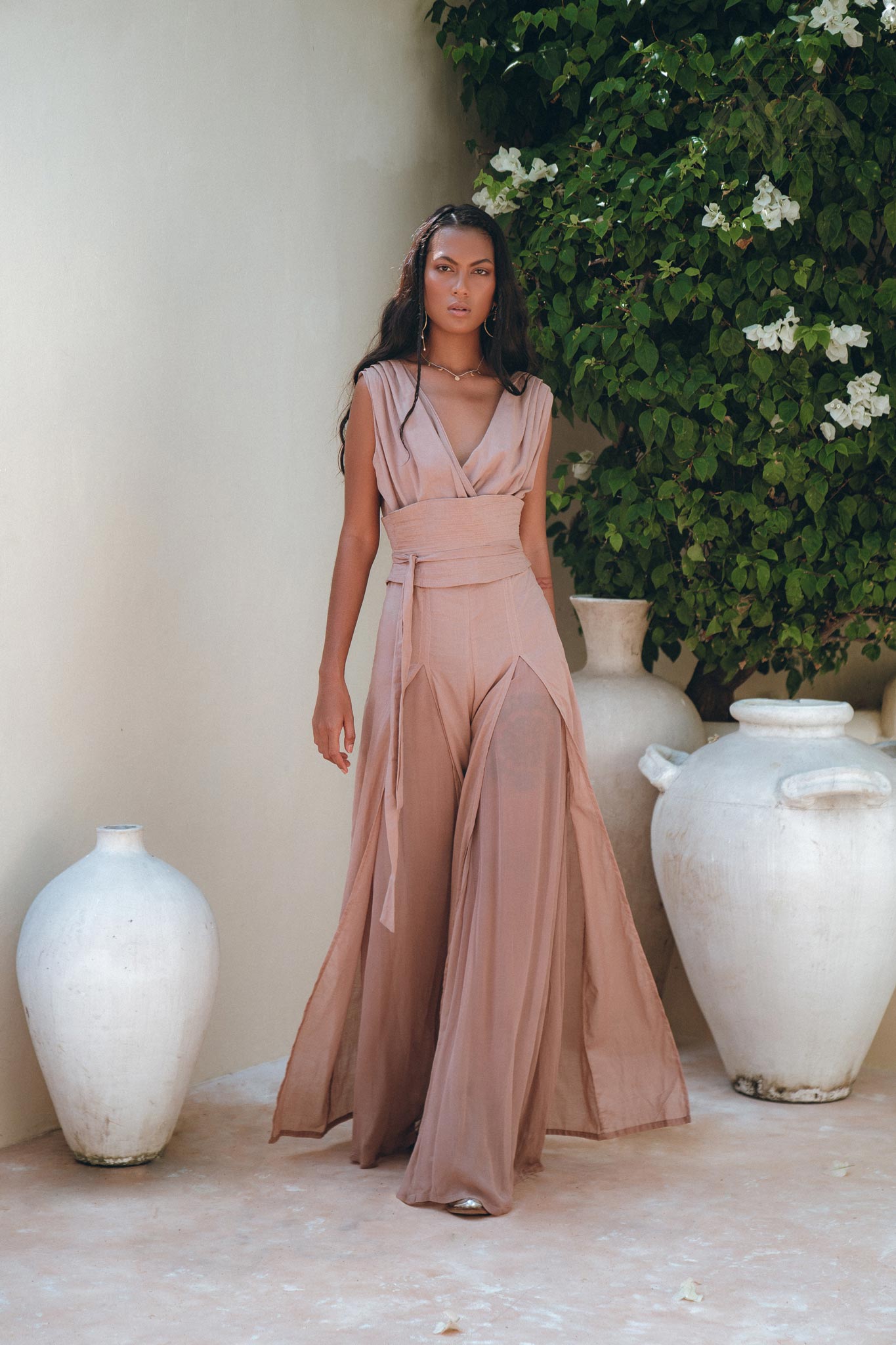 Dusty Pink Braided Overalls • Boho Silk with Cotton Maxi Jumpsuit Women - AYA SW IDR