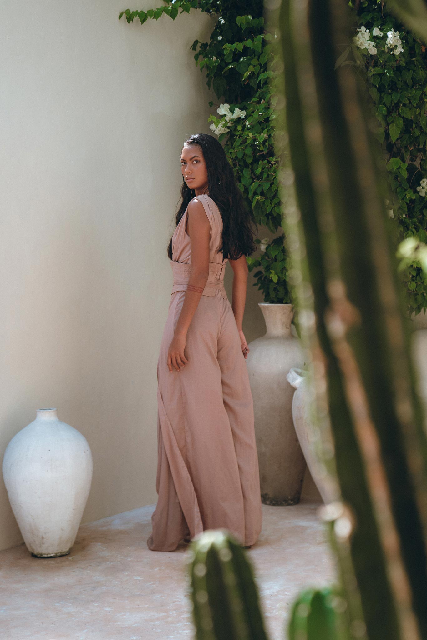 Dusty Pink Braided Overalls • Boho Silk with Cotton Maxi Jumpsuit Women - AYA SW IDR