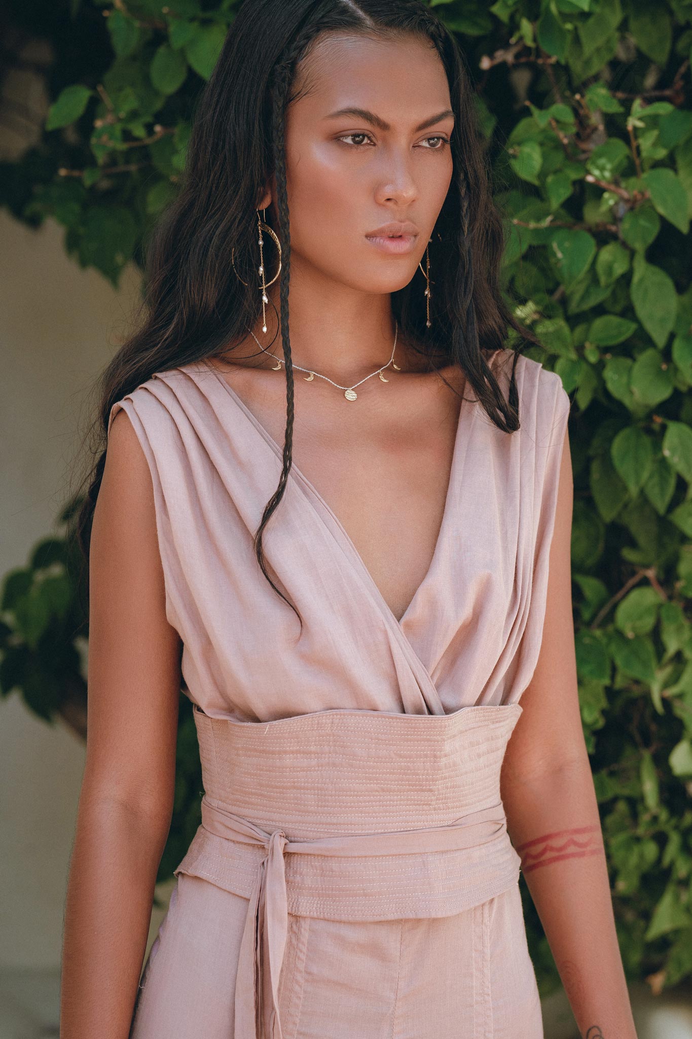 Dusty Pink Braided Overalls • Boho Silk with Cotton Maxi Jumpsuit Women - AYA SW IDR