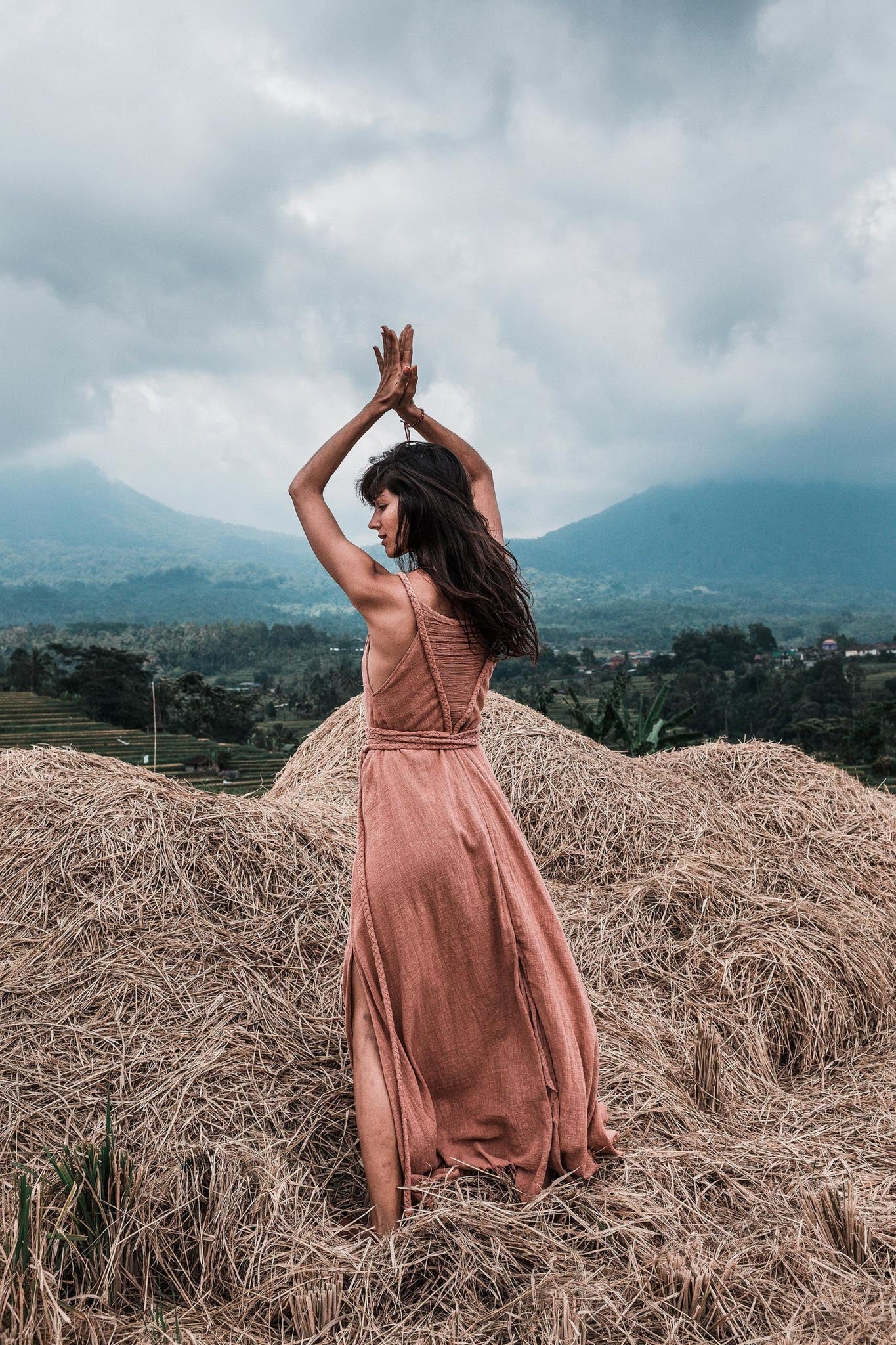 Dusty Pink Organic Bohemian Maxi Bridesmaid Dress with Hand Loomed Threaded Back - AYA SW IDR