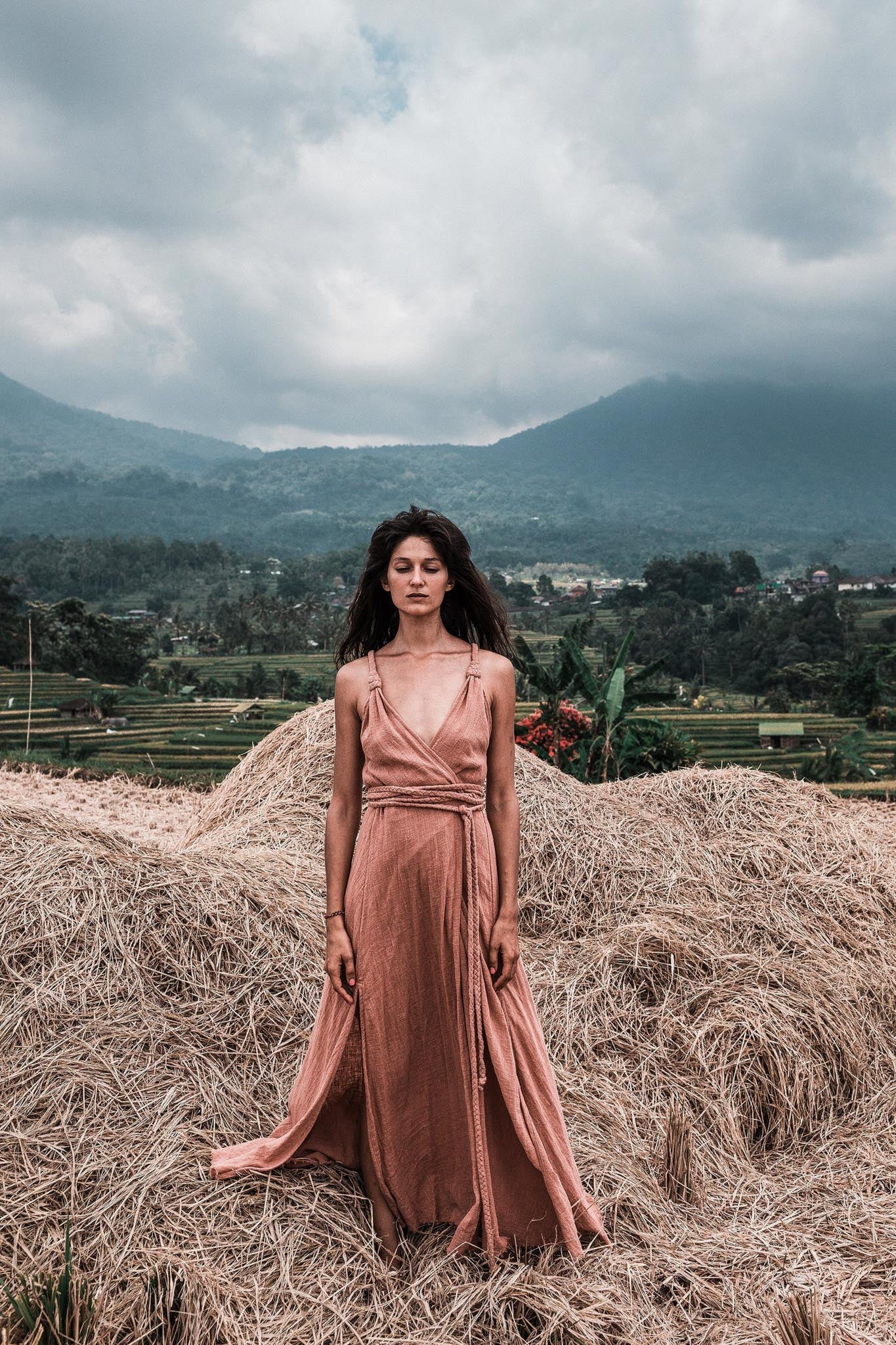 Dusty Pink Organic Bohemian Maxi Bridesmaid Dress with Hand Loomed Threaded Back - AYA SW IDR