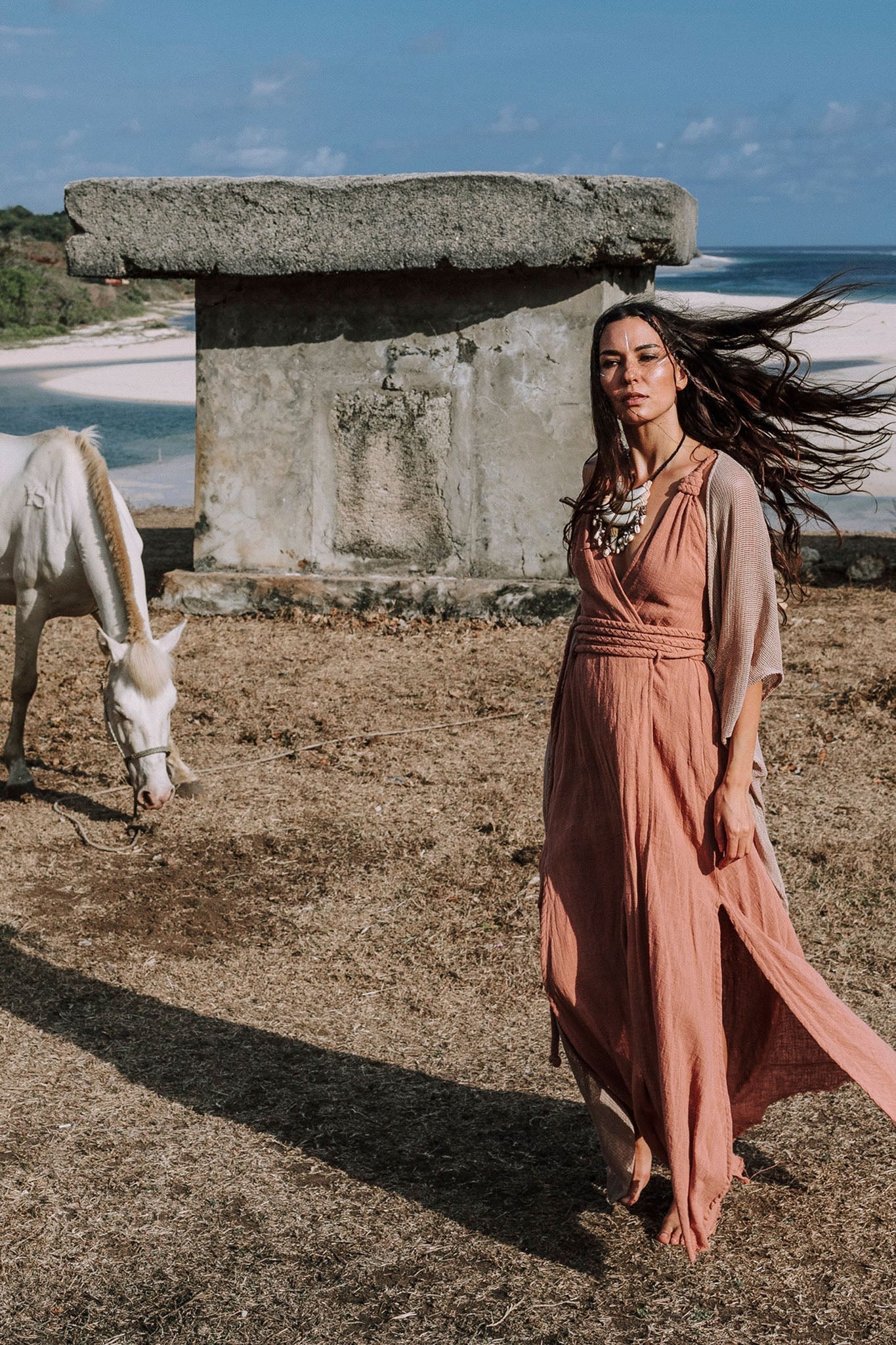 Dusty Pink Organic Bohemian Maxi Bridesmaid Dress with Hand Loomed Threaded Back - AYA SW IDR