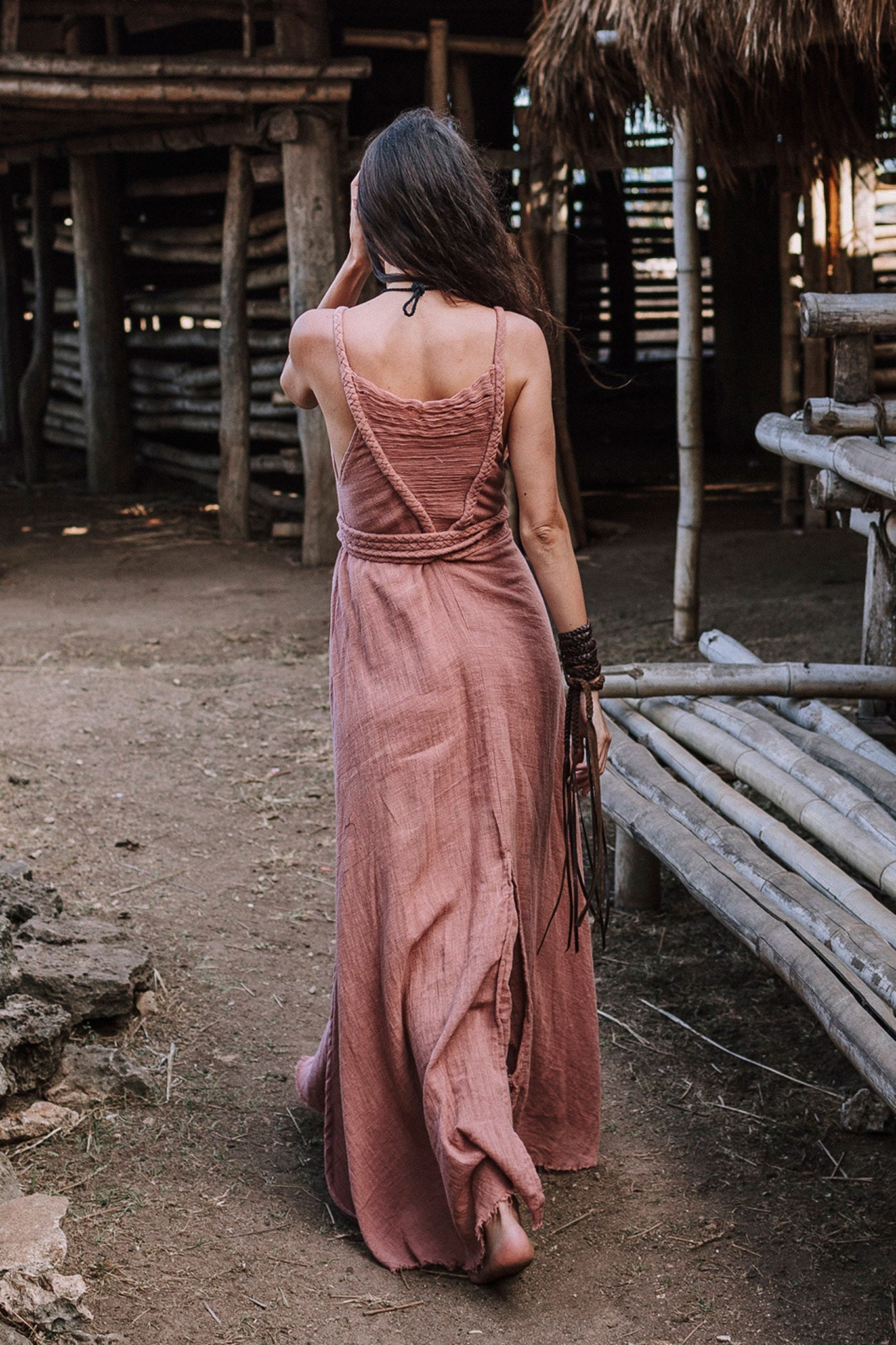 Dusty Pink Organic Bohemian Maxi Bridesmaid Dress with Hand Loomed Threaded Back - AYA SW IDR