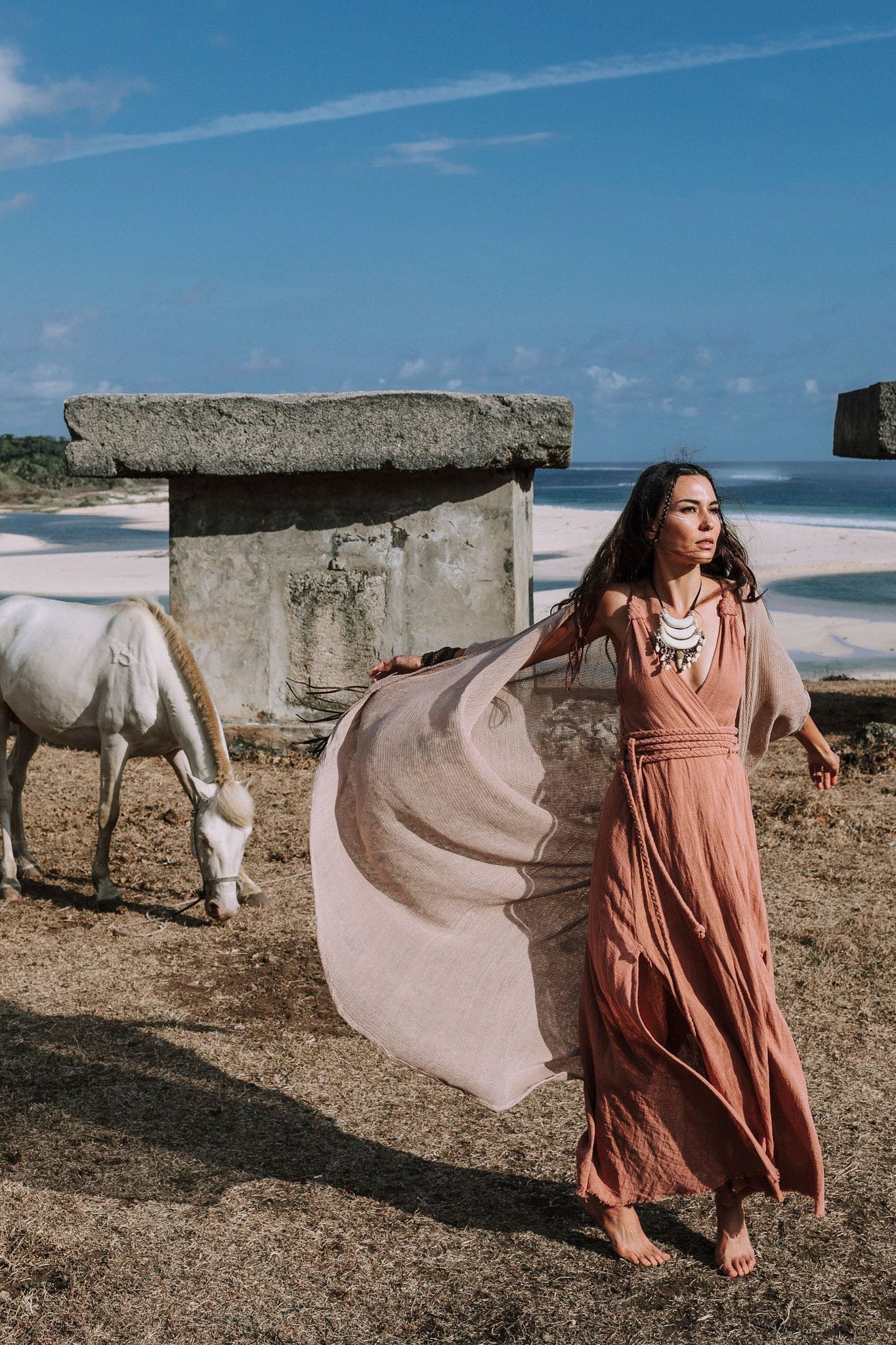 Dusty Pink Organic Bohemian Maxi Bridesmaid Dress with Hand Loomed Threaded Back - AYA SW IDR