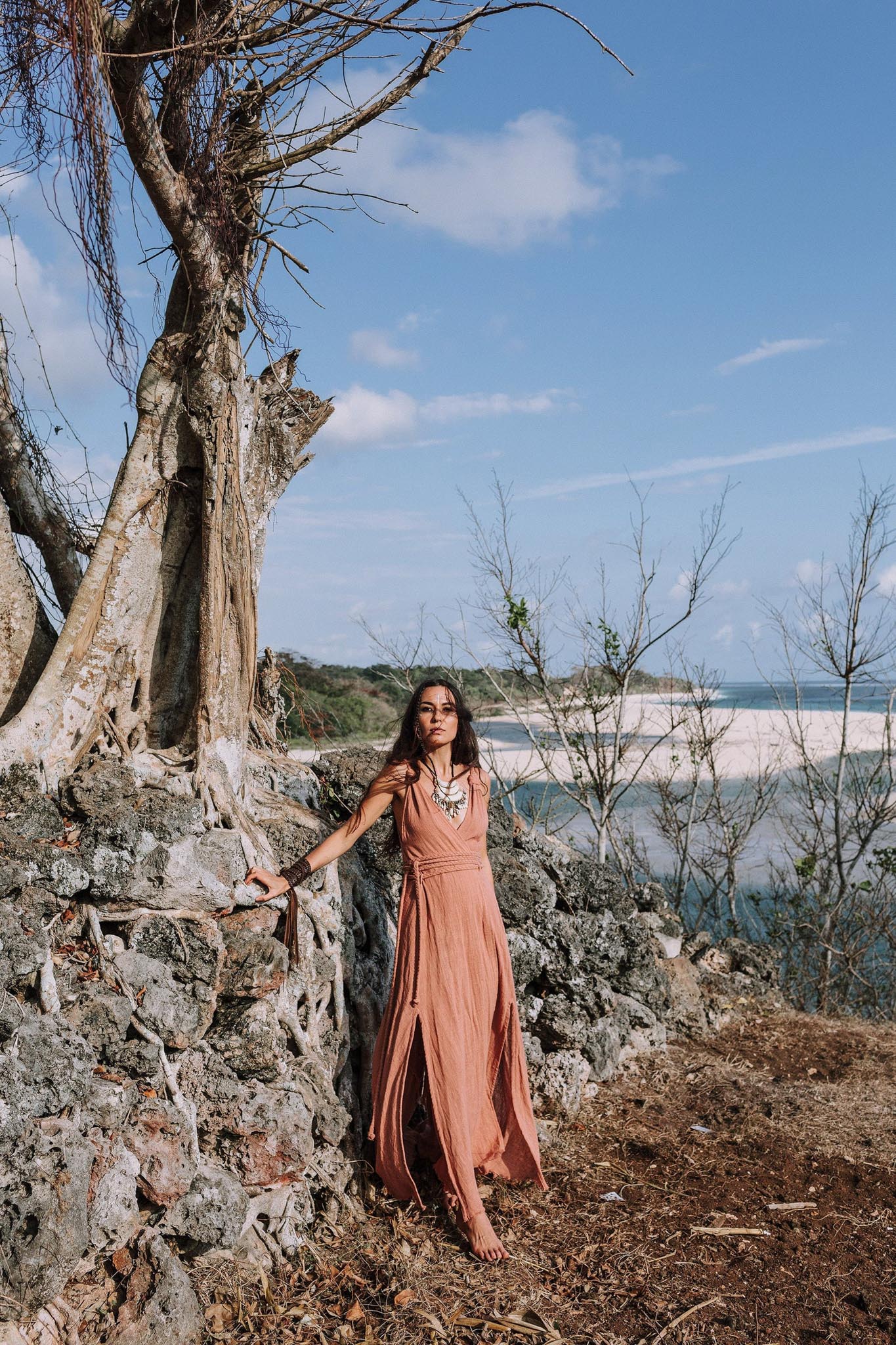 Dusty Pink Organic Bohemian Maxi Bridesmaid Dress with Hand Loomed Threaded Back - AYA SW IDR