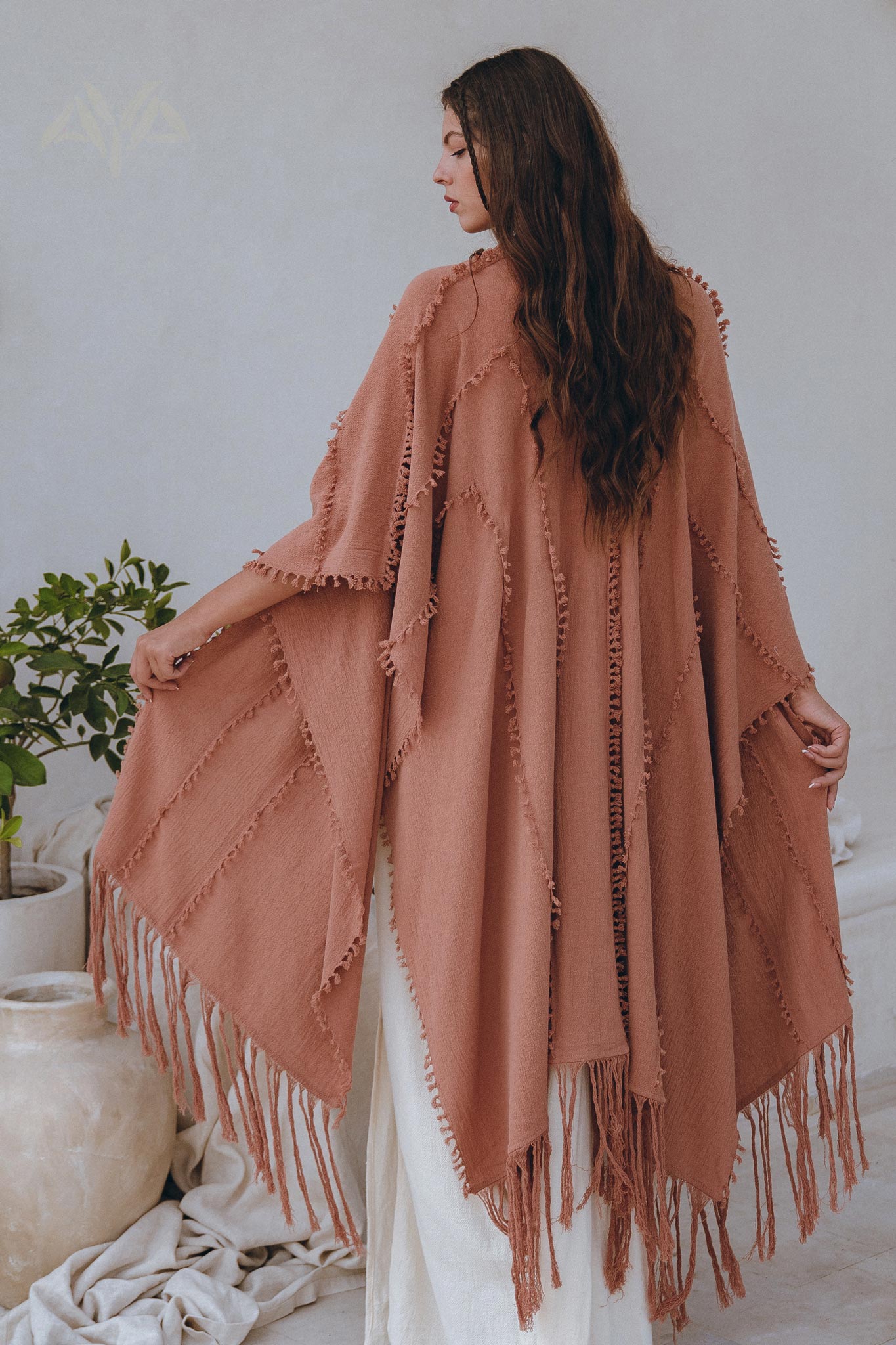 Dusty Pink Poncho Robe • Bridal Cover Up Women • Bohemian Kimono Overcoat - AYA SW IDR