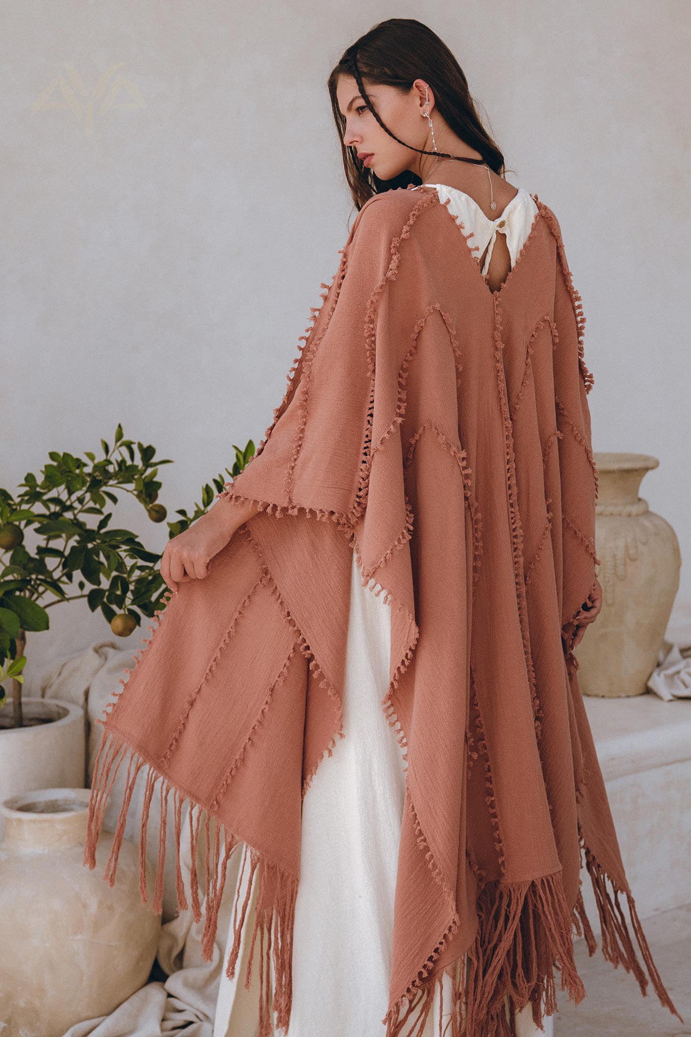 Dusty Pink Poncho Robe • Bridal Cover Up Women • Bohemian Kimono Overcoat - AYA SW IDR