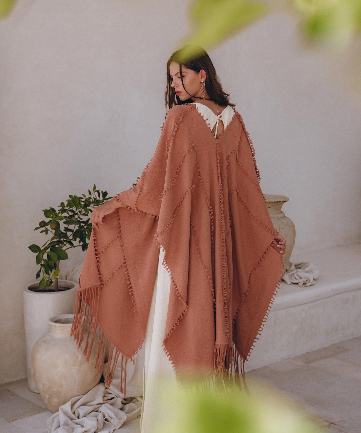 Dusty Pink Poncho Robe • Bridal Cover Up Women • Bohemian Kimono Overcoat - AYA SW IDR