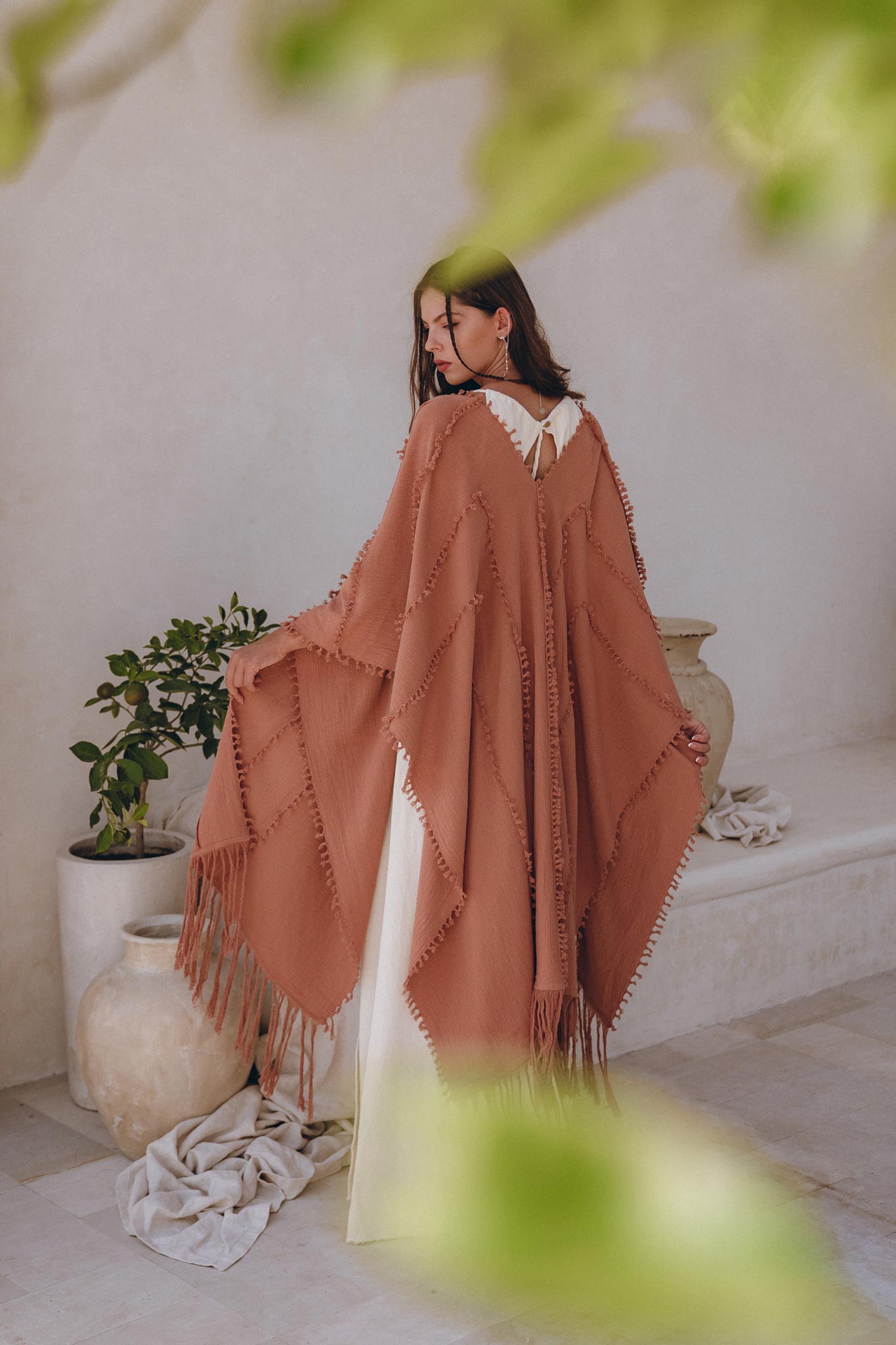 Dusty Pink Poncho Robe • Bridal Cover Up Women • Bohemian Kimono Overcoat - AYA SW IDR