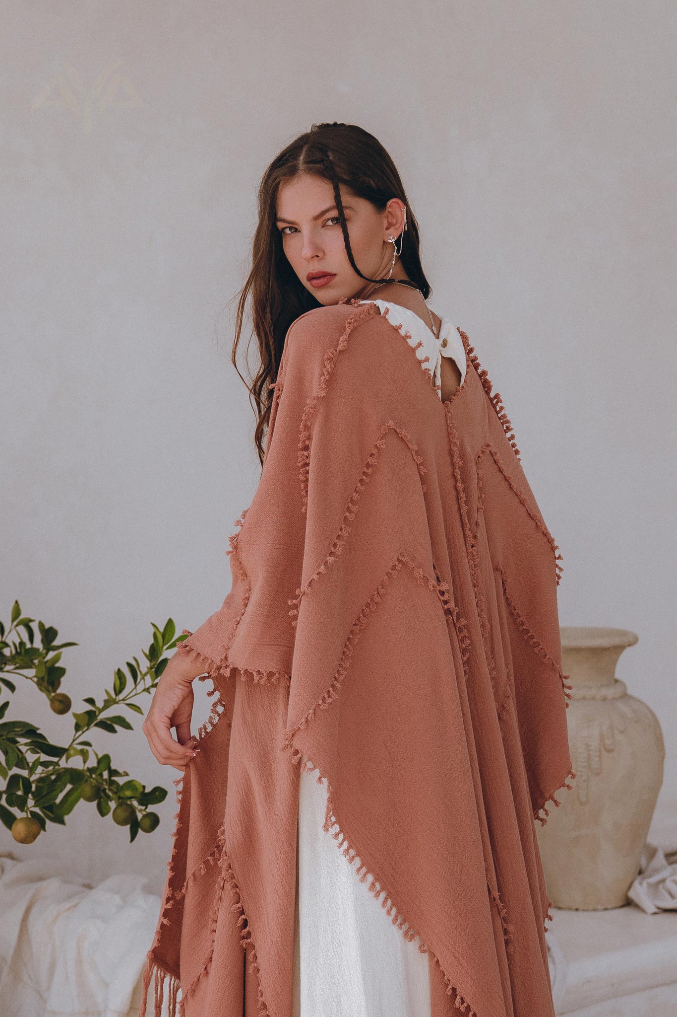 Dusty Pink Poncho Robe • Bridal Cover Up Women • Bohemian Kimono Overcoat - AYA SW IDR