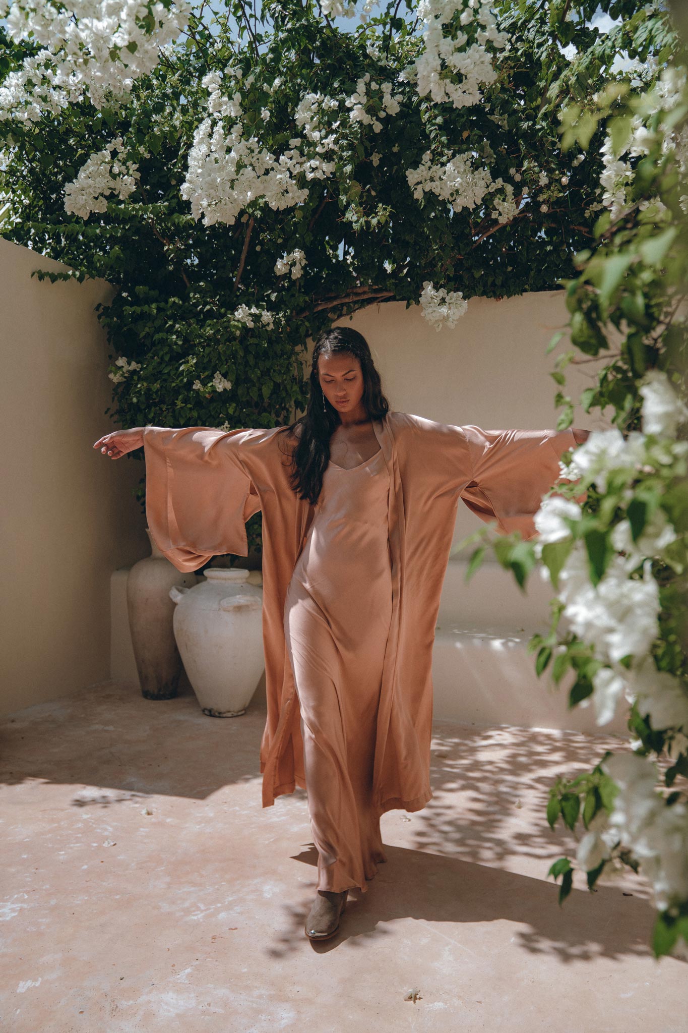 Dusty Pink Silk Robe • Bohemian Kaftan Cardigan • Long Cape for Women - AYA SW IDR