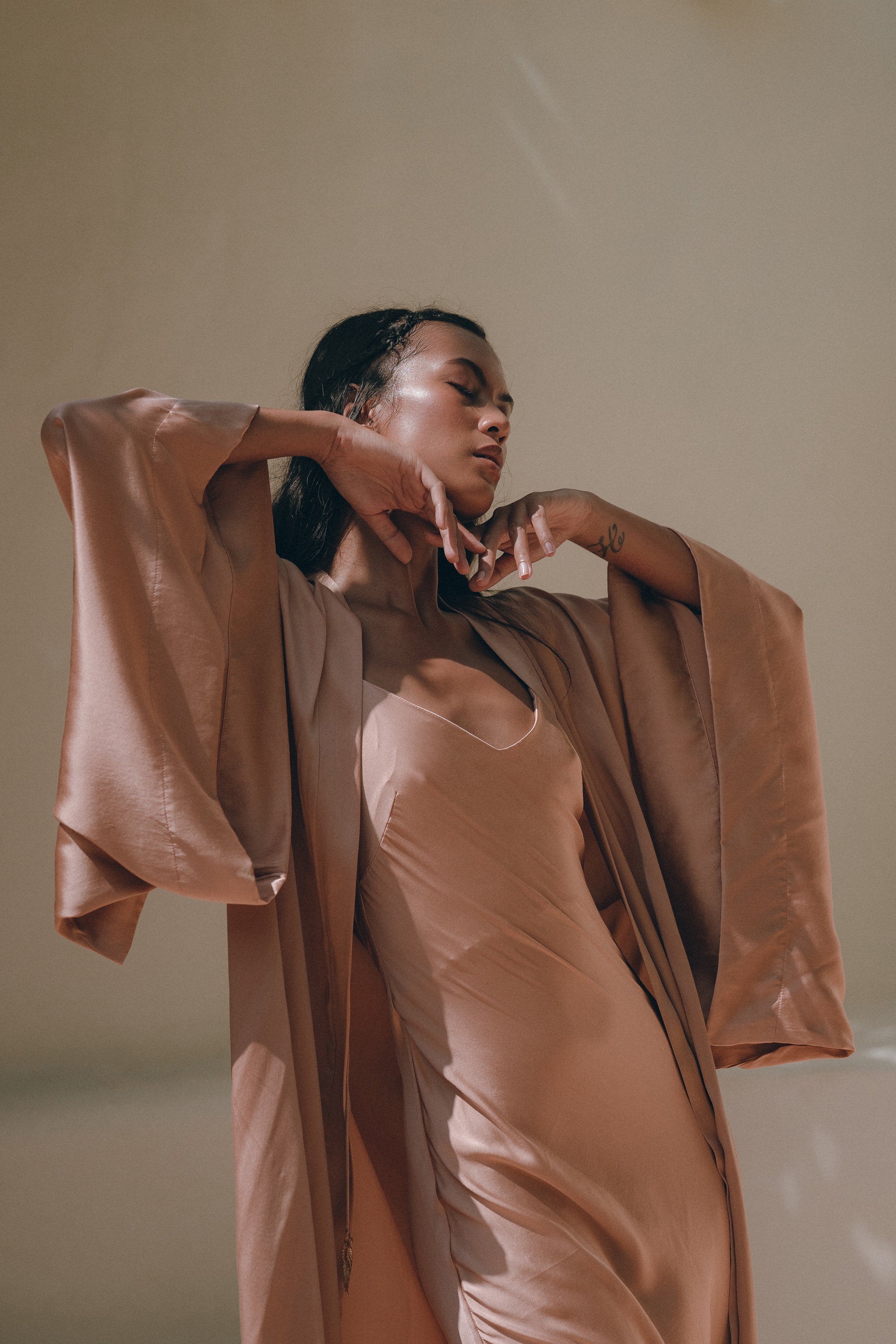 Dusty Pink Silk Robe • Bohemian Kaftan Cardigan • Long Cape for Women - AYA SW IDR