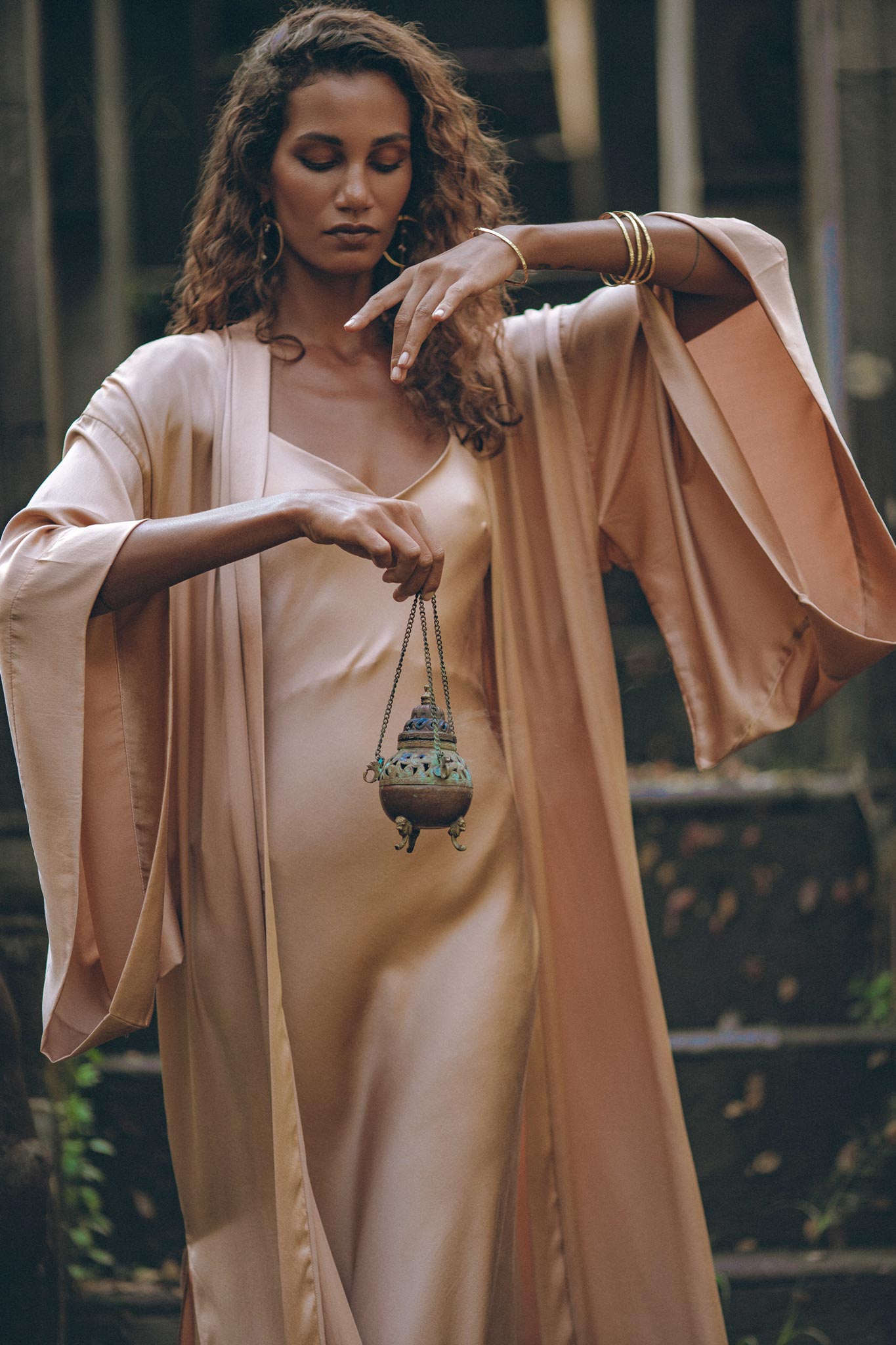Dusty Pink Silk Robe • Bohemian Kaftan Cardigan • Long Cape for Women - AYA SW IDR