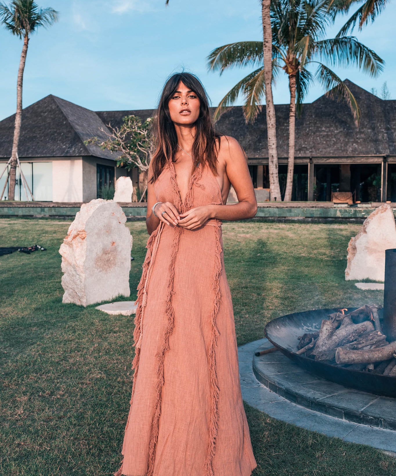 Dusty Rose Organic Boho Dress with Hand Loomed Tassels - AYA SW IDR