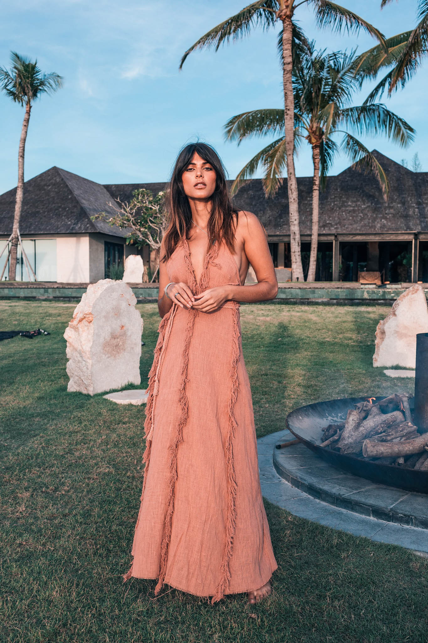 Dusty Rose Organic Boho Dress with Hand Loomed Tassels - AYA SW IDR