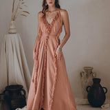 Dusty Rose Organic Boho Dress with Hand Loomed Tassels - AYA SW IDR