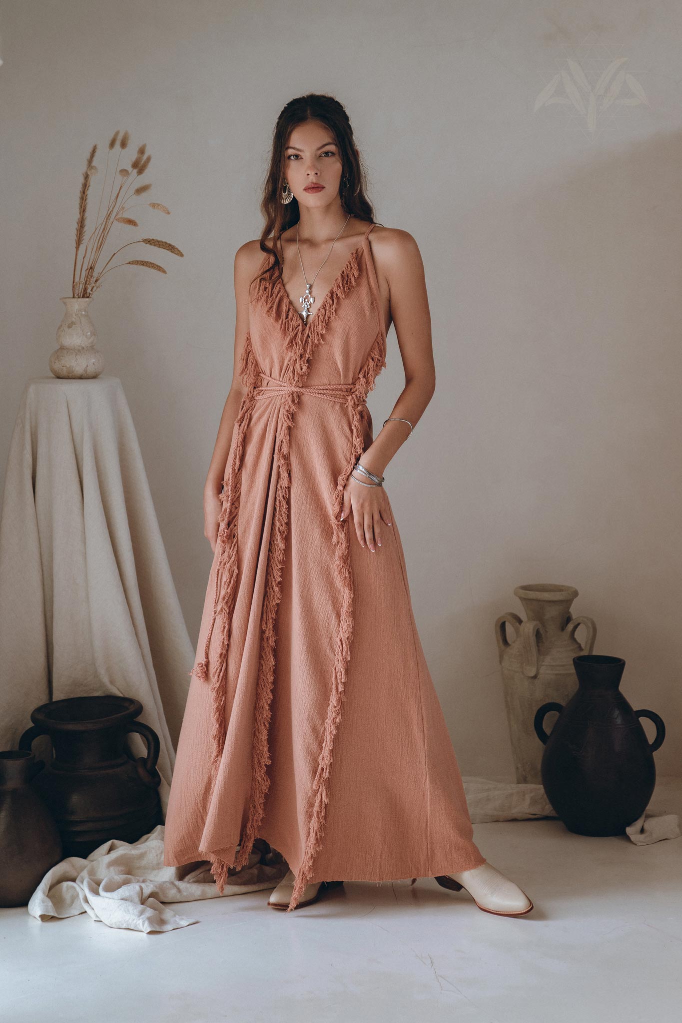 Dusty Rose Organic Boho Dress with Hand Loomed Tassels - AYA SW IDR