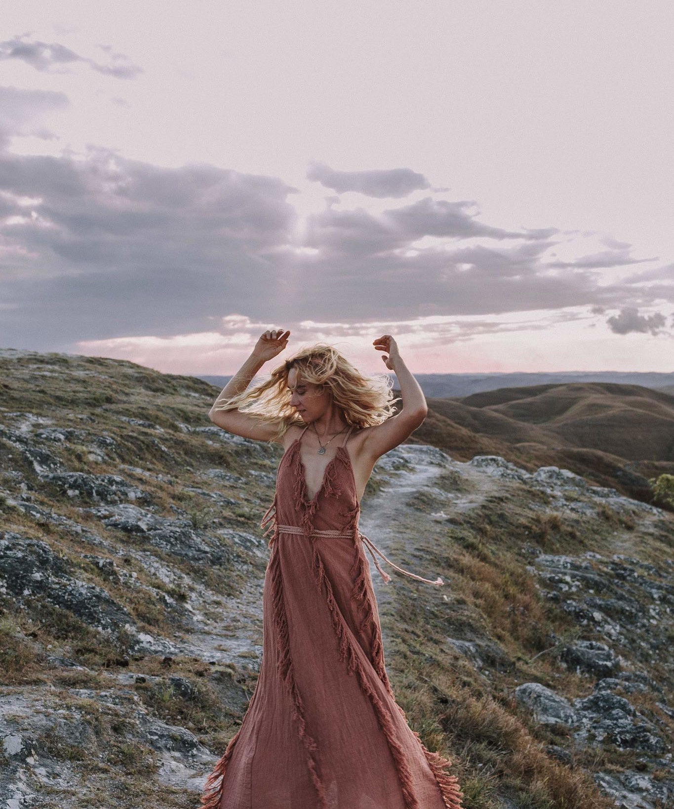 Dusty Rose Organic Boho Dress with Hand Loomed Tassels - AYA SW IDR