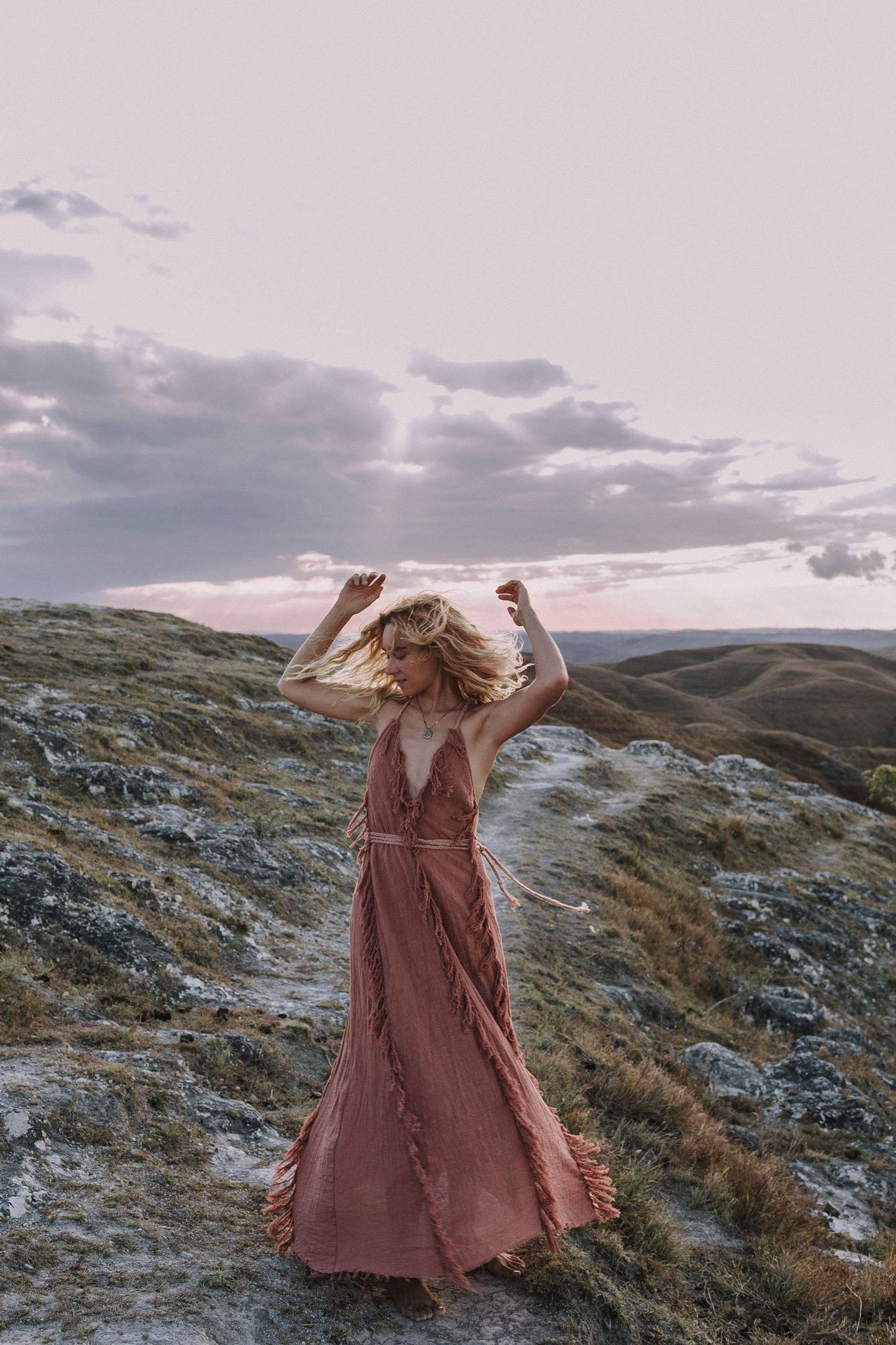 Dusty Rose Organic Boho Dress with Hand Loomed Tassels - AYA SW IDR