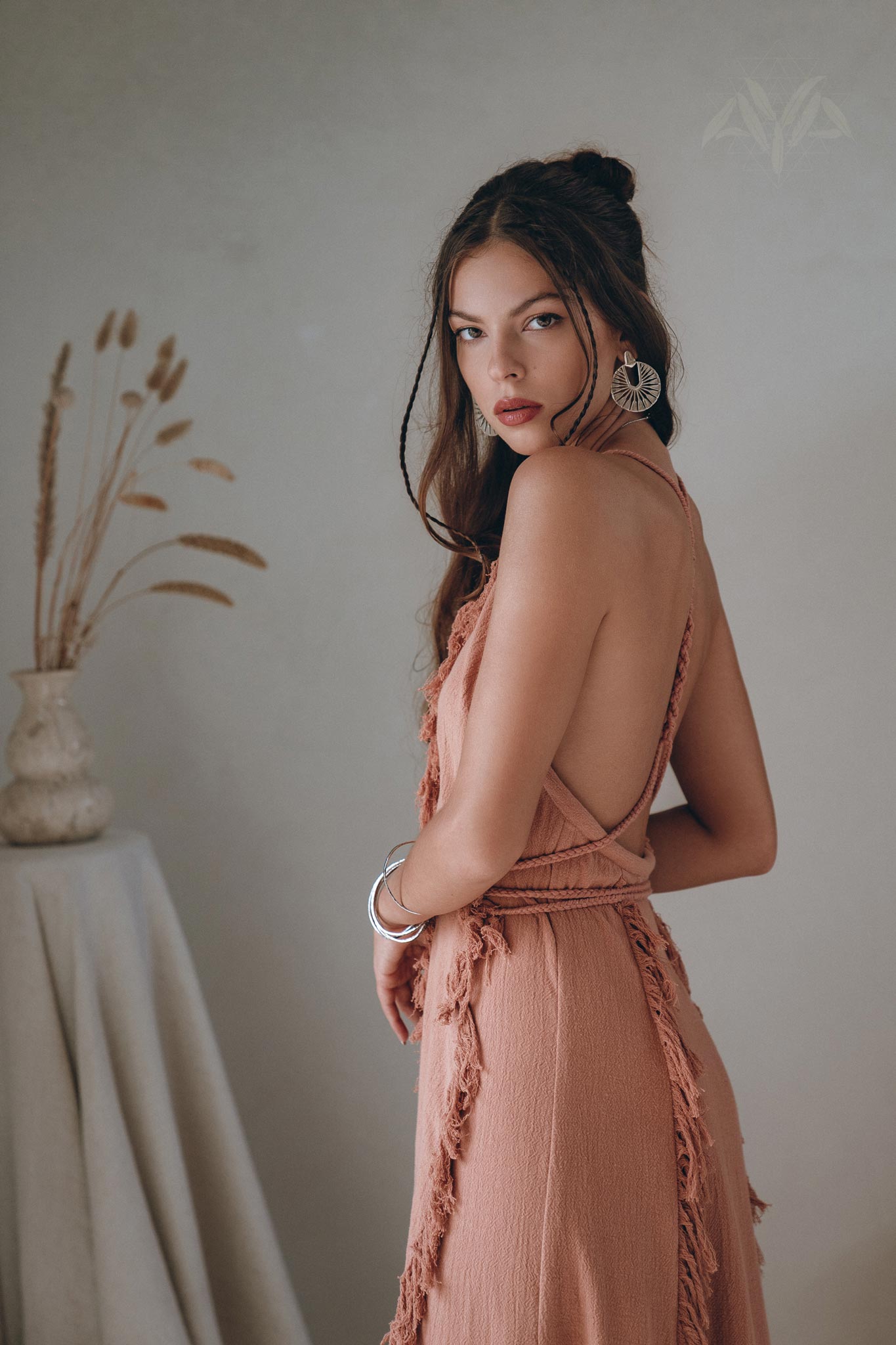 Dusty Rose Organic Boho Dress with Hand Loomed Tassels - AYA SW IDR