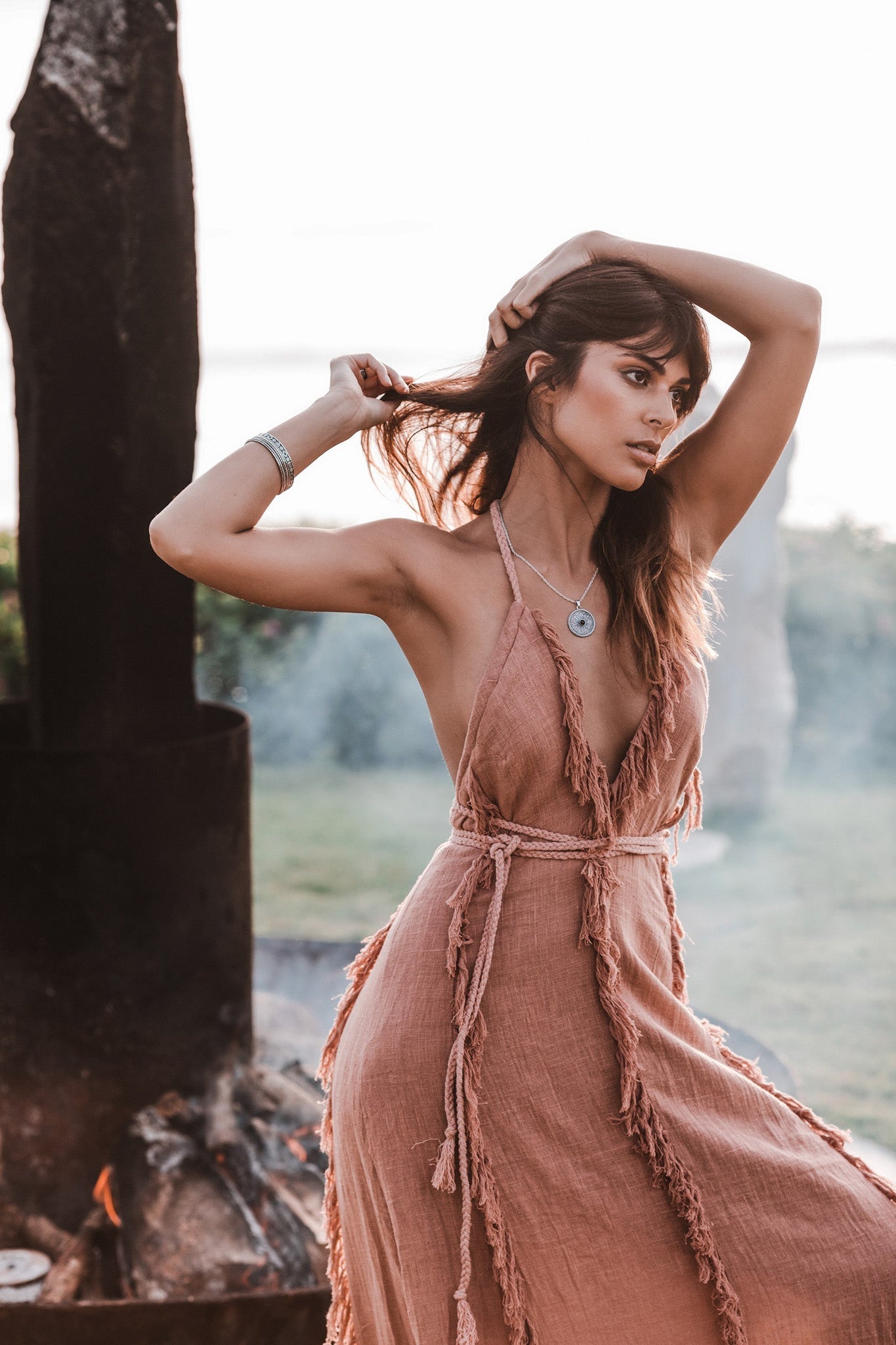 Dusty Rose Organic Boho Dress with Hand Loomed Tassels - AYA SW IDR