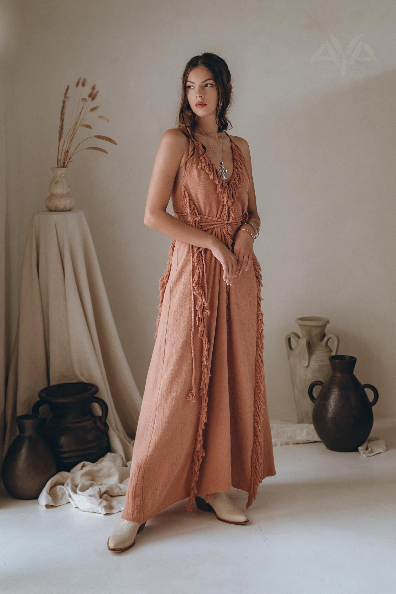 Dusty Rose Organic Boho Dress with Hand Loomed Tassels - AYA SW IDR