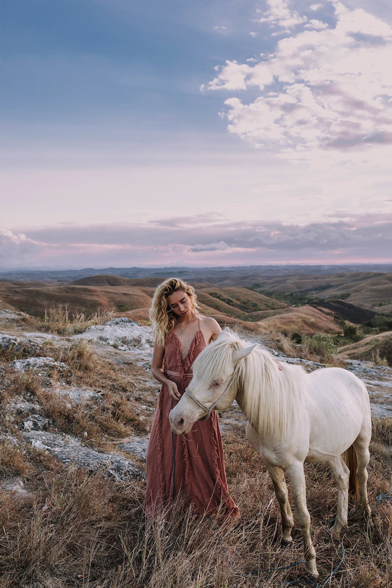 Dusty Rose Organic Boho Dress with Hand Loomed Tassels - AYA SW IDR
