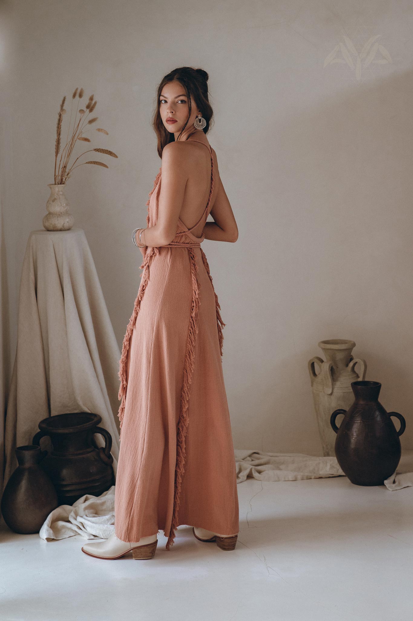 Dusty Rose Organic Boho Dress with Hand Loomed Tassels - AYA SW IDR