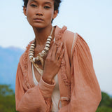 Gaia Dusty Pink Puff Sleeves Top • Boho Tassels Crop Top • Hand Embroidered Top - AYA SW IDR