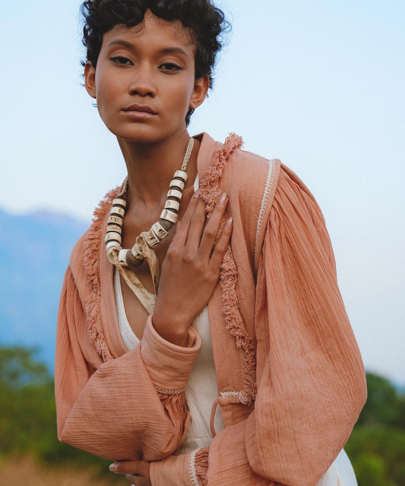 Gaia Dusty Pink Puff Sleeves Top • Boho Tassels Crop Top • Hand Embroidered Top - AYA SW IDR