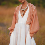 Gaia Dusty Pink Puff Sleeves Top • Boho Tassels Crop Top • Hand Embroidered Top - AYA SW IDR