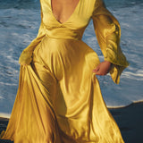 Gold Sundari Goddess Silk Gown • Bridesmaid Wedding Open Back Dress • Bridesmaid Dress - AYA SW IDR