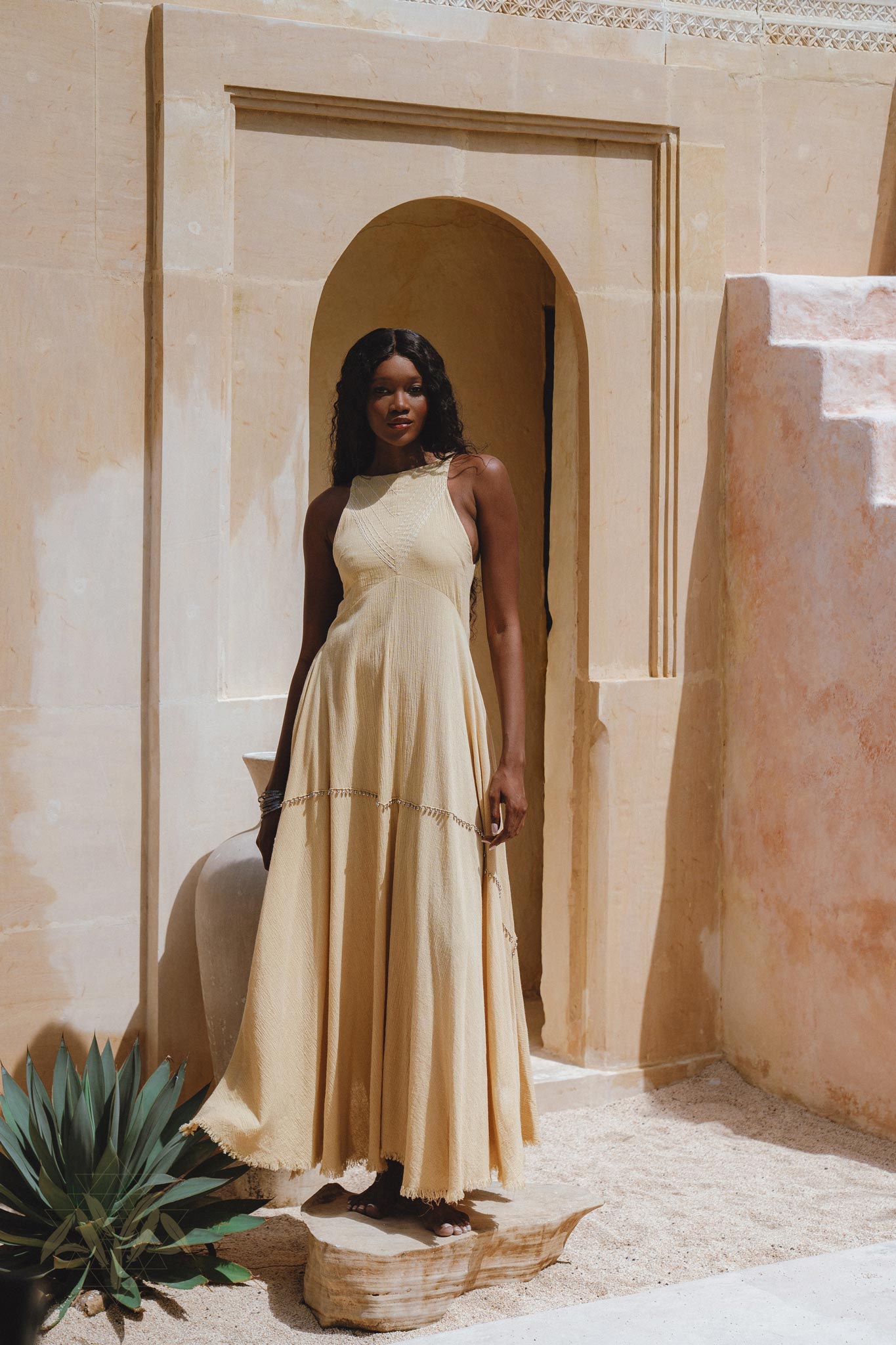 Musical Gold Goddess Dress: organic, handwoven cotton with jingle bells. Hand-embroidered details make it a must-have Boho-style cocktail dress.