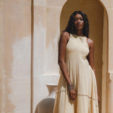 Bohemian Casual Cocktail Dress: Hand-embroidered Gold Goddess Dress adorned with small jingle bells; organic and lightweight with a unique ombré technique.