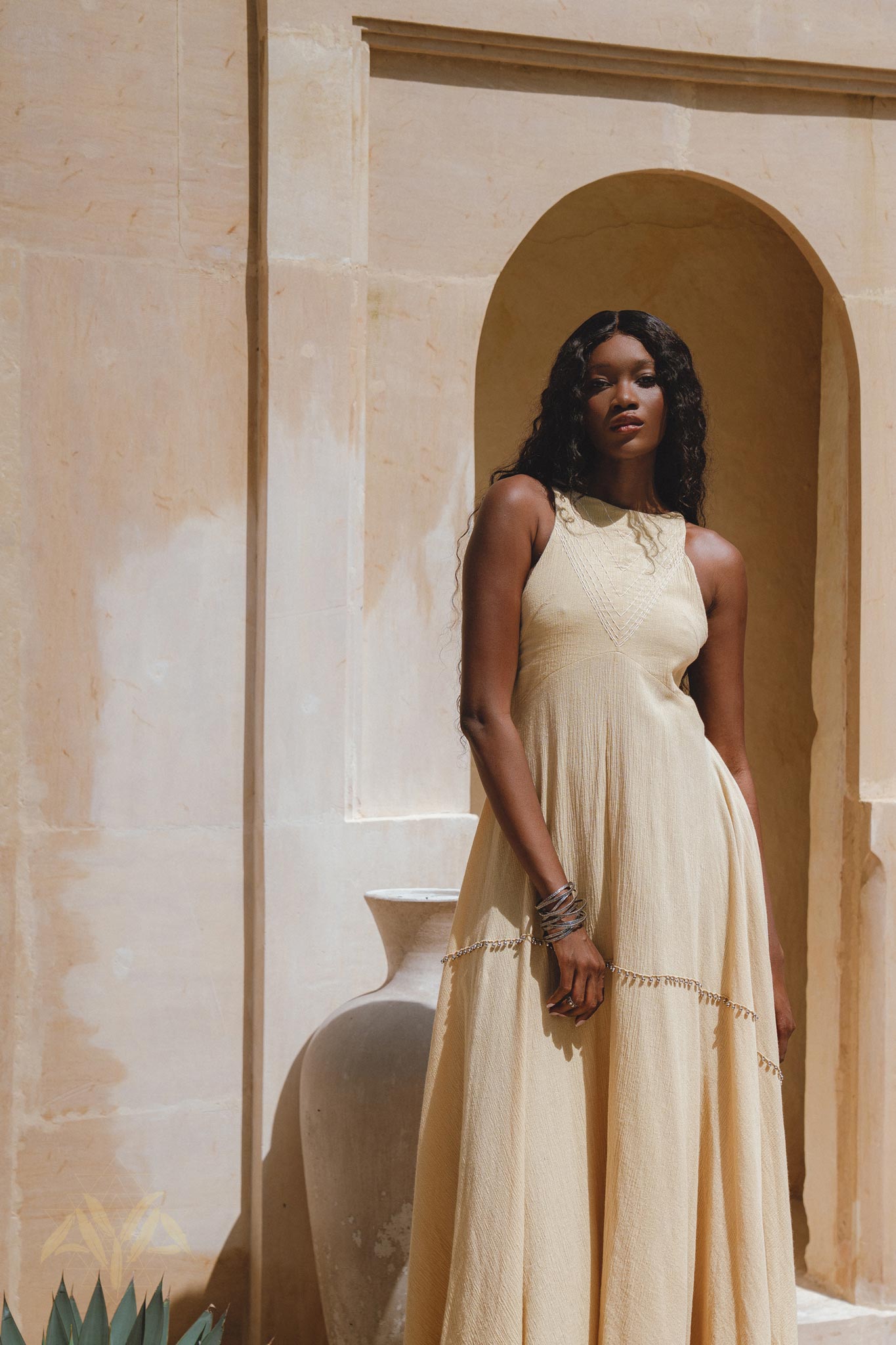 Bohemian Casual Cocktail Dress: Hand-embroidered Gold Goddess Dress adorned with small jingle bells; organic and lightweight with a unique ombré technique.