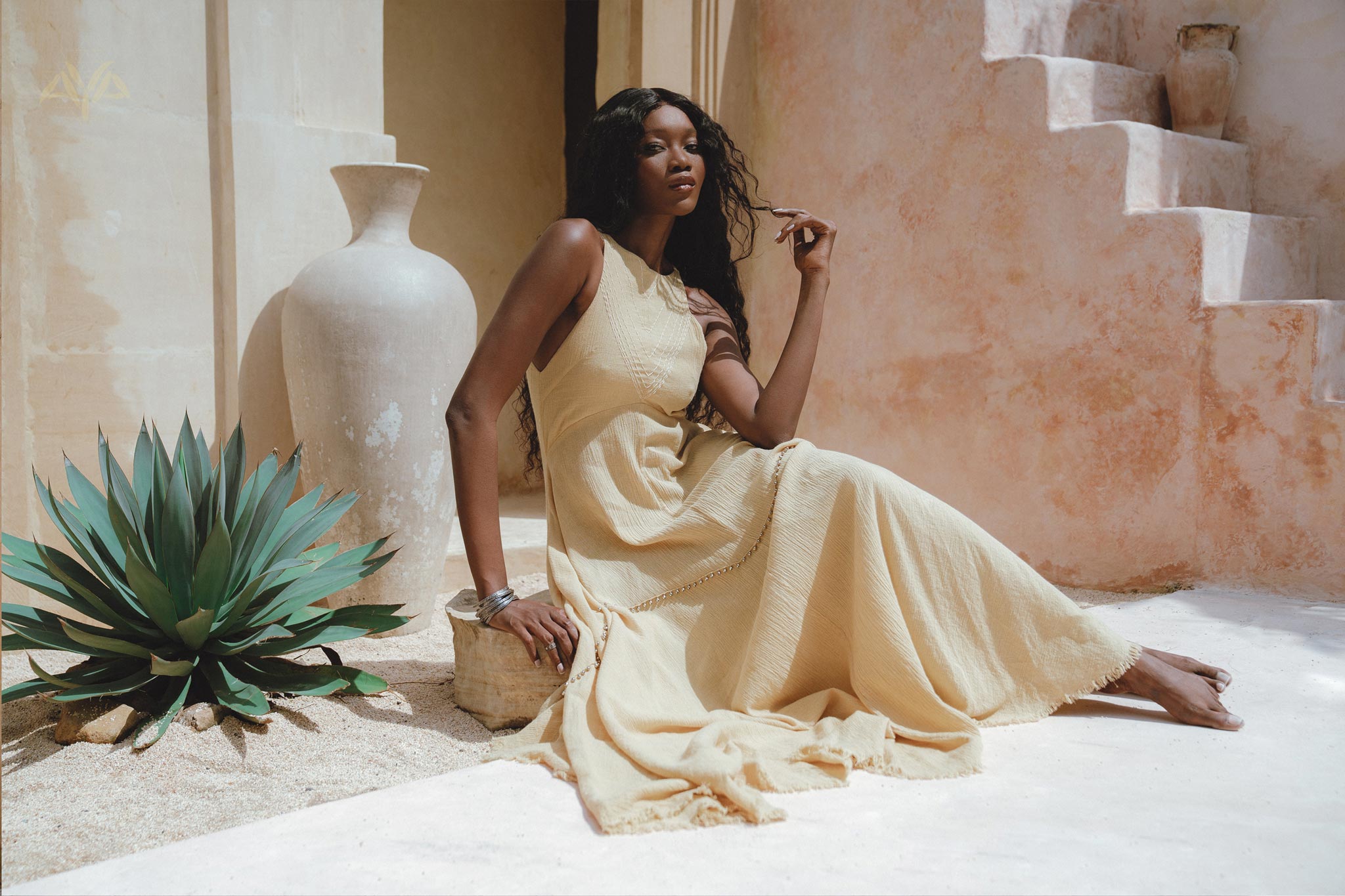 Lightweight Organic Handwoven Cotton Dress: Gold Goddess with small jingle bells; hand-embroidered top, unique ombré technique for a Boho casual cocktail look.