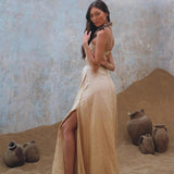 Golden Freyja Dress • Organic Open Sides Maxi Dress • Ombre Beige Bridesmaid Romantic Dress - AYA SW IDR