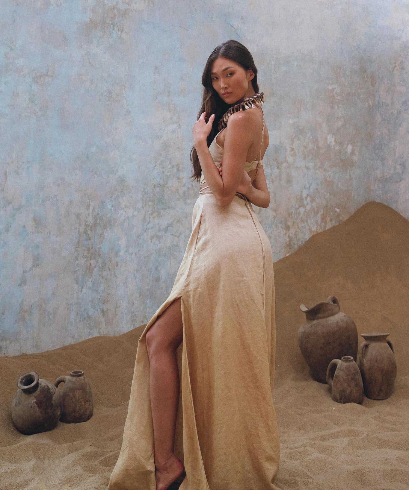 Golden Freyja Dress • Organic Open Sides Maxi Dress • Ombre Beige Bridesmaid Romantic Dress - AYA SW IDR