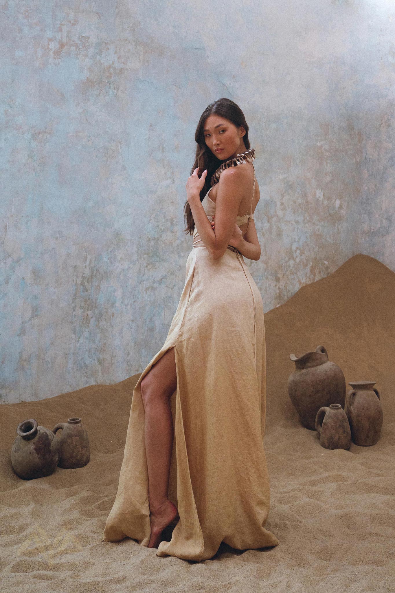 Golden Freyja Dress • Organic Open Sides Maxi Dress • Ombre Beige Bridesmaid Romantic Dress - AYA SW IDR