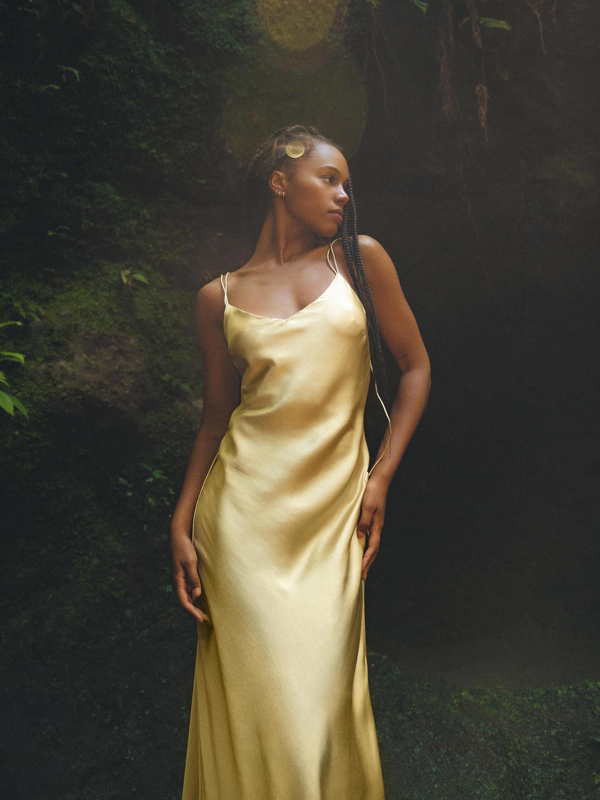 Golden Silk Slip Dress • Peace Silk Boho Dress Women • Silk Long Maxi Dress - AYA SW IDR