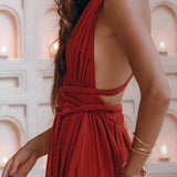 Greek Goddess Dress • Boho Braided Belted Dress • Wine Red Grecian Dress - AYA SW IDR