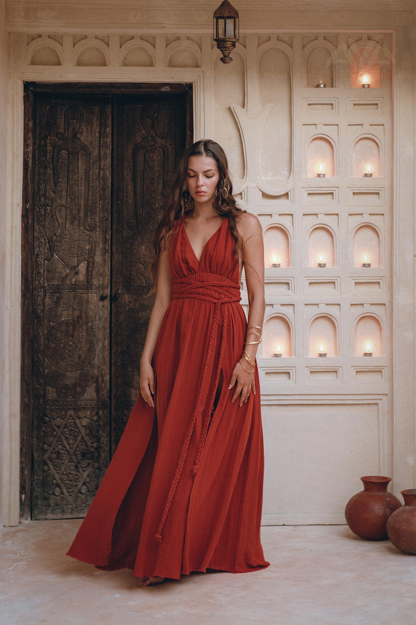 Greek Goddess Dress • Boho Braided Belted Dress • Wine Red Grecian Dress - AYA SW IDR