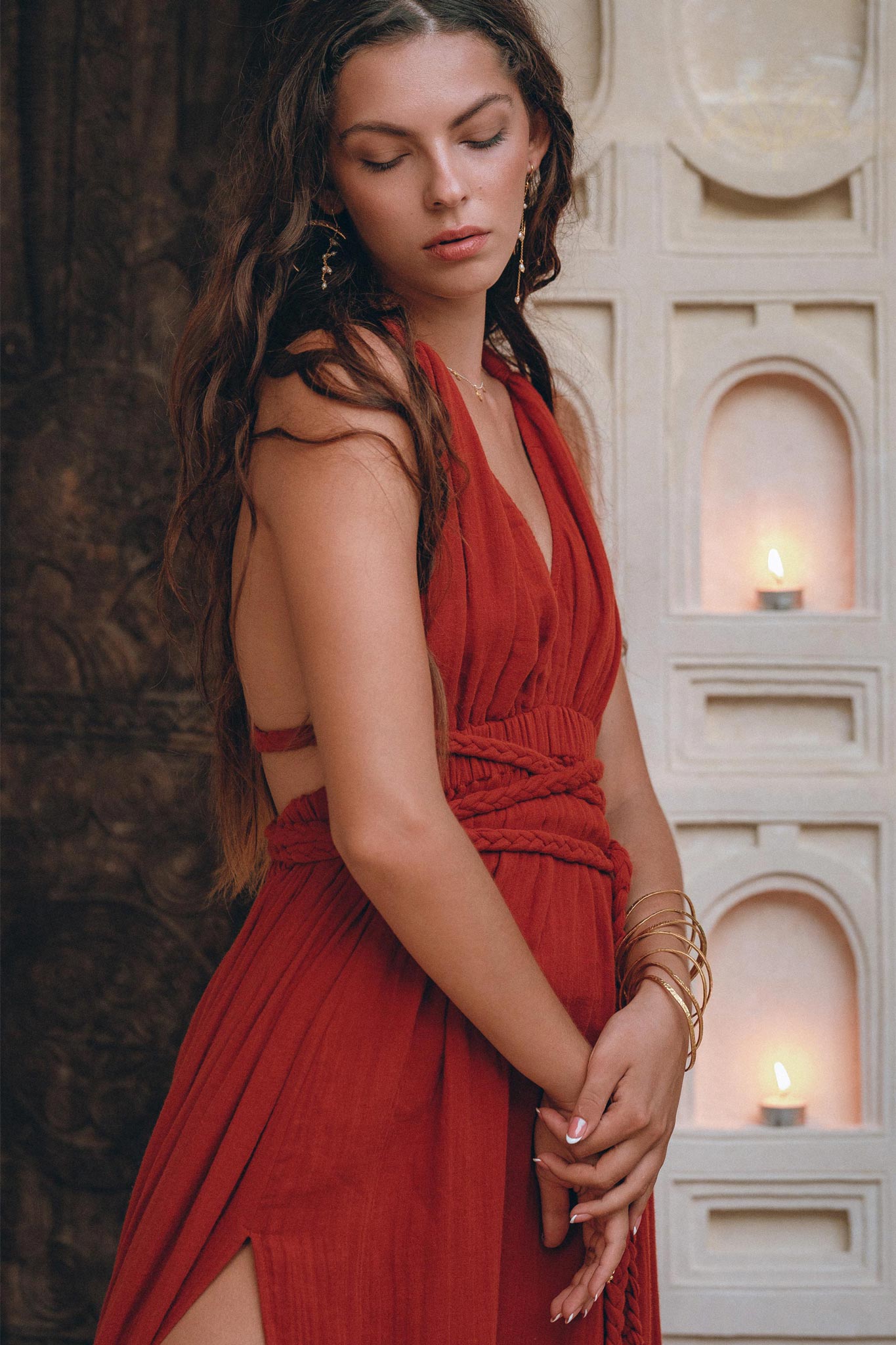 Greek Goddess Dress • Boho Braided Belted Dress • Wine Red Grecian Dress - AYA SW IDR