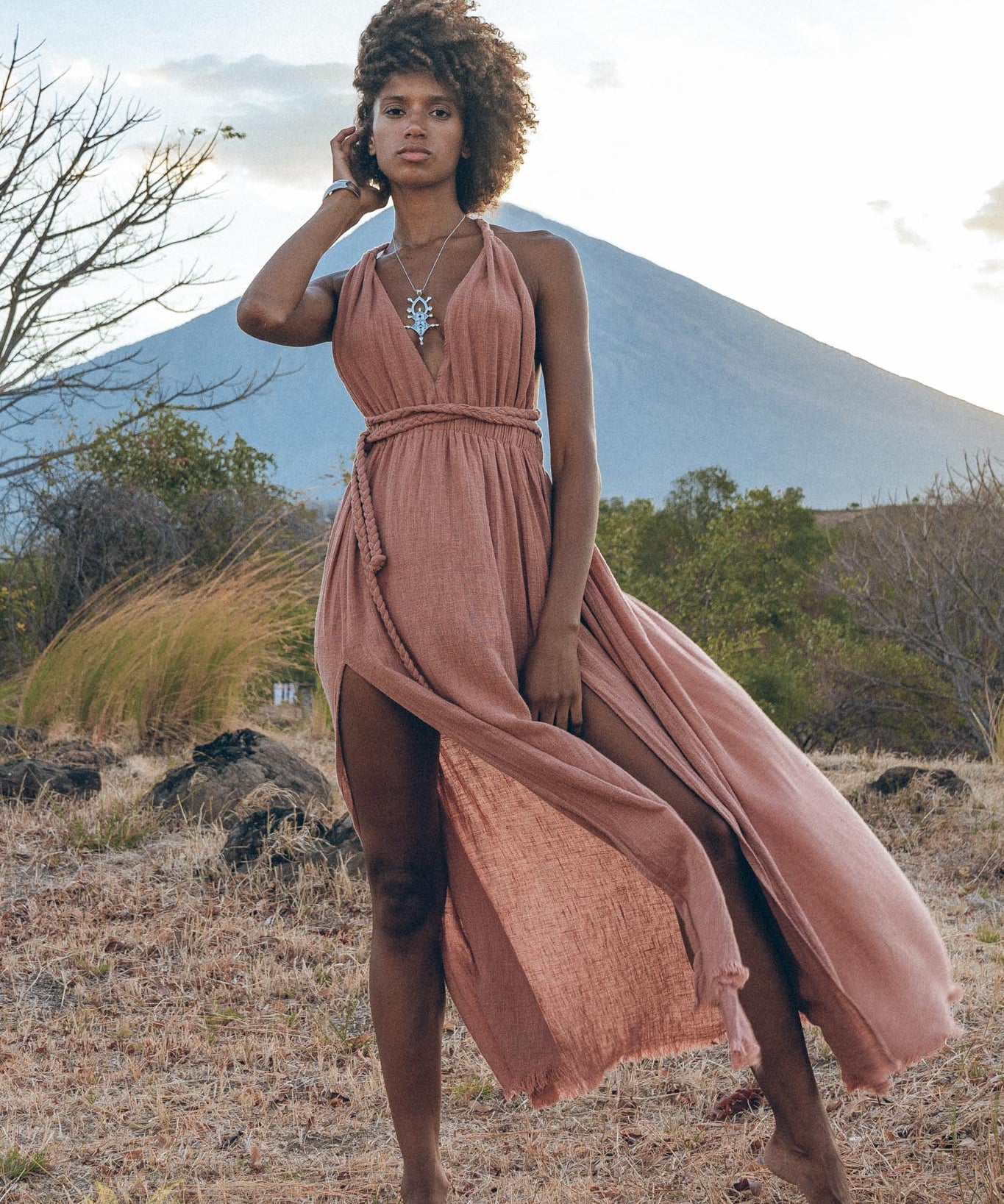 Greek Goddess Dress • Rose Gold Long Maxi Belted Dress - AYA SW IDR